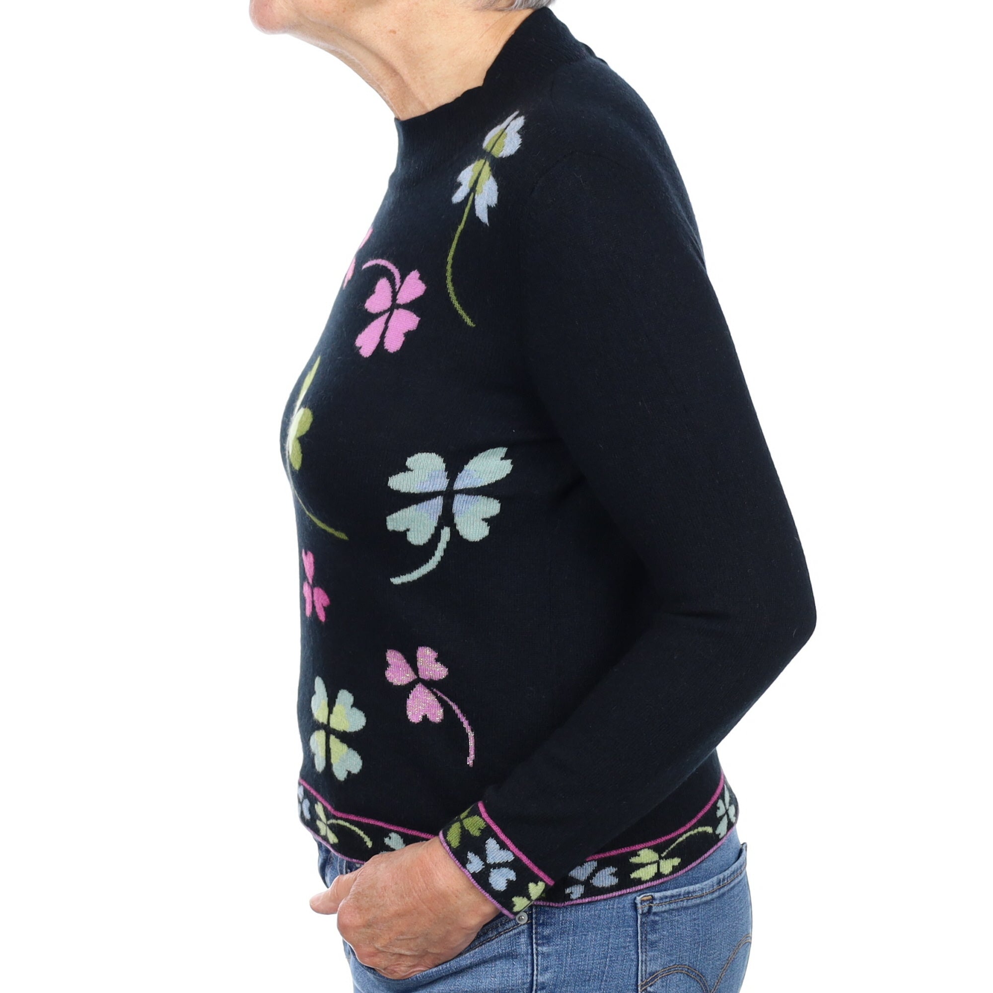 Black Clover Pattern Cashmere Turtle Neck Jumper Medium