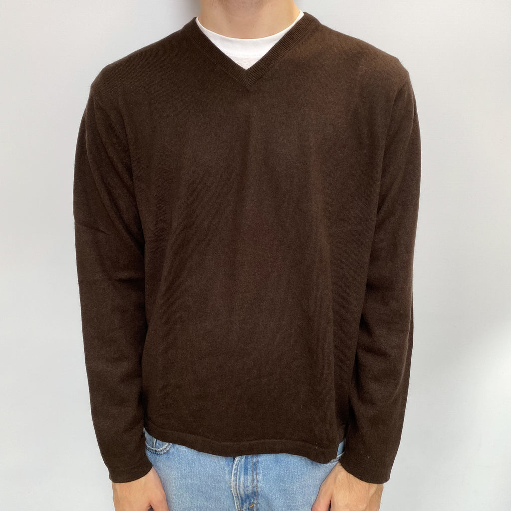 Men's Peppercorn Brown Cashmere V Neck Jumper Large
