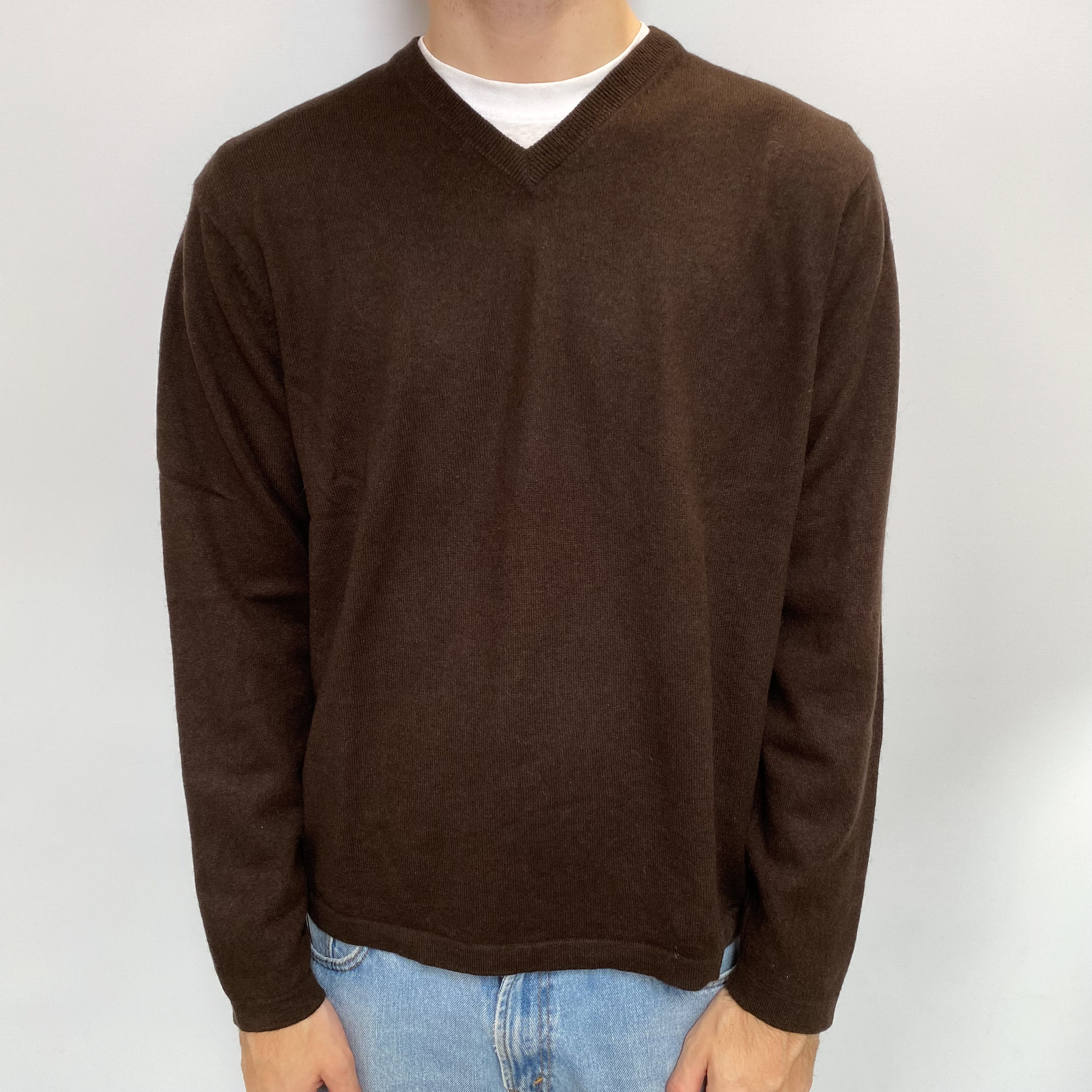 Men's Peppercorn Brown Cashmere V Neck Jumper Large