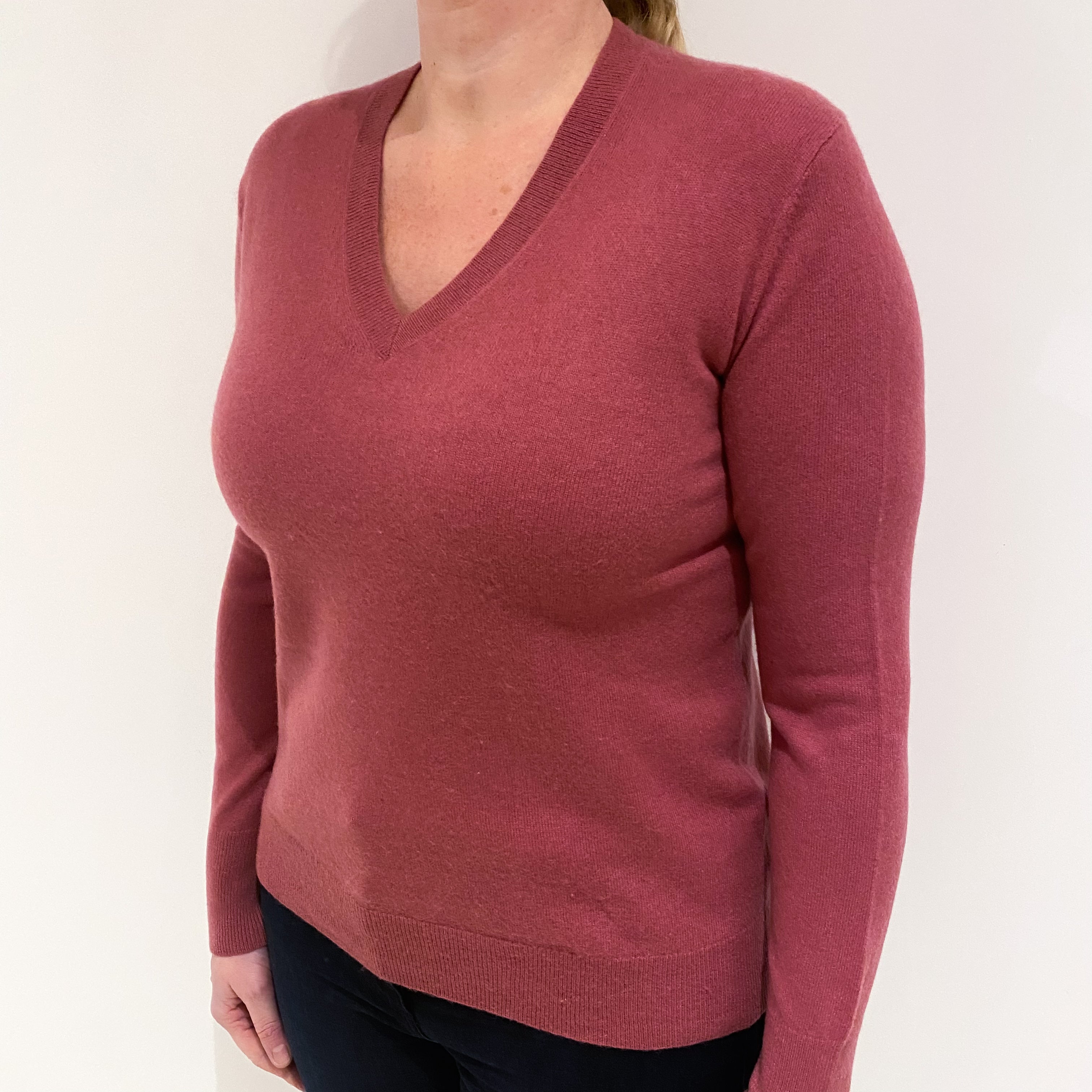 Dusky Pink Cashmere V Neck Jumper Large