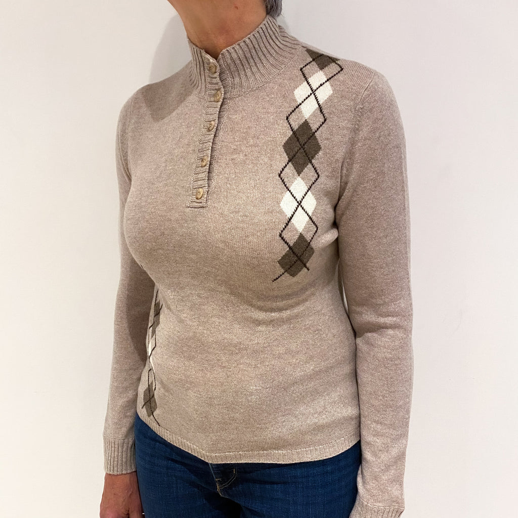 Biscuit Beige Cashmere 1/4 Button Turtle Neck Jumper Medium