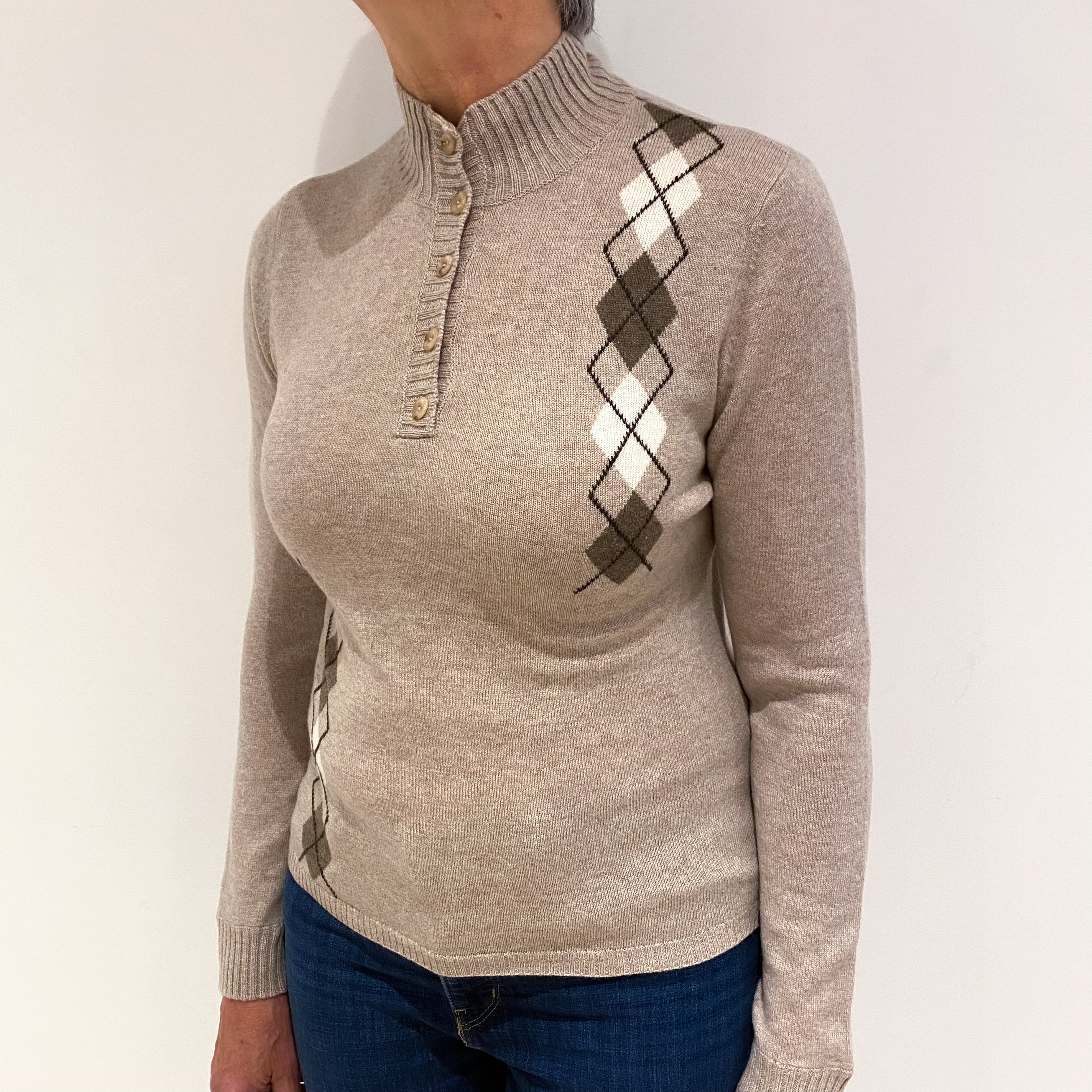 Biscuit Beige Cashmere 1/4 Button Turtle Neck Jumper Medium