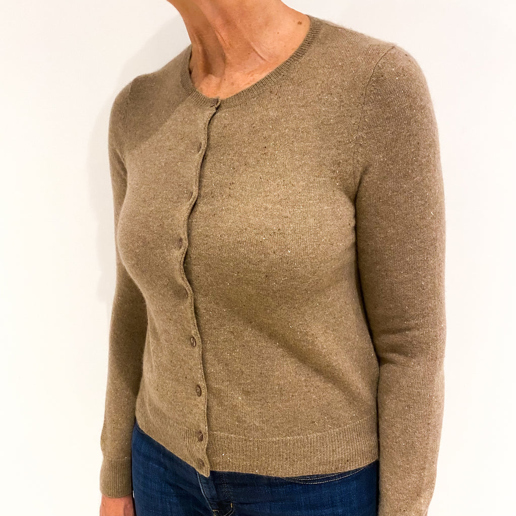 Toffee Brown Flecked Cashmere Crew Neck Cardigan Medium