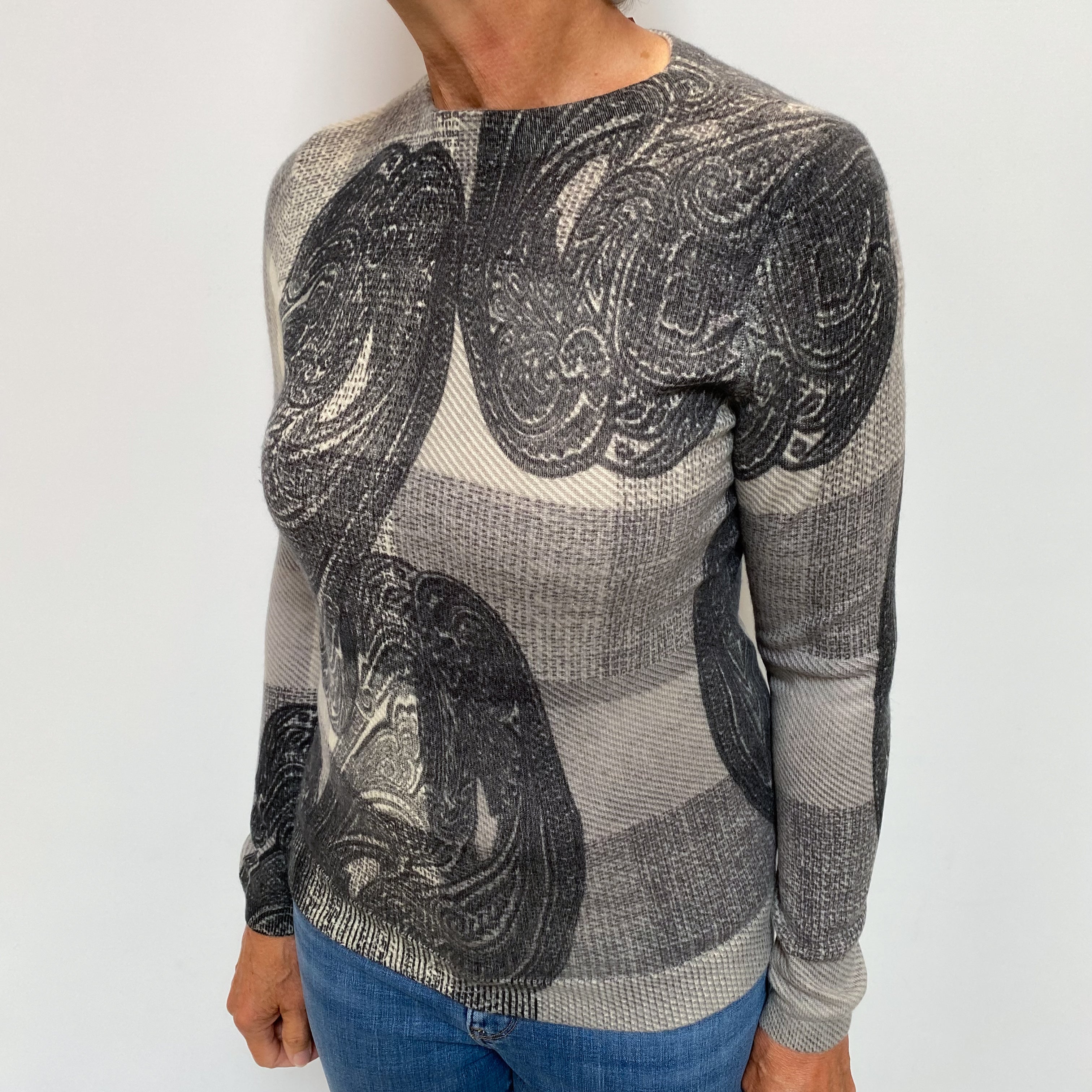 Grey Paisley Check Cashmere Crew Neck Jumper Medium