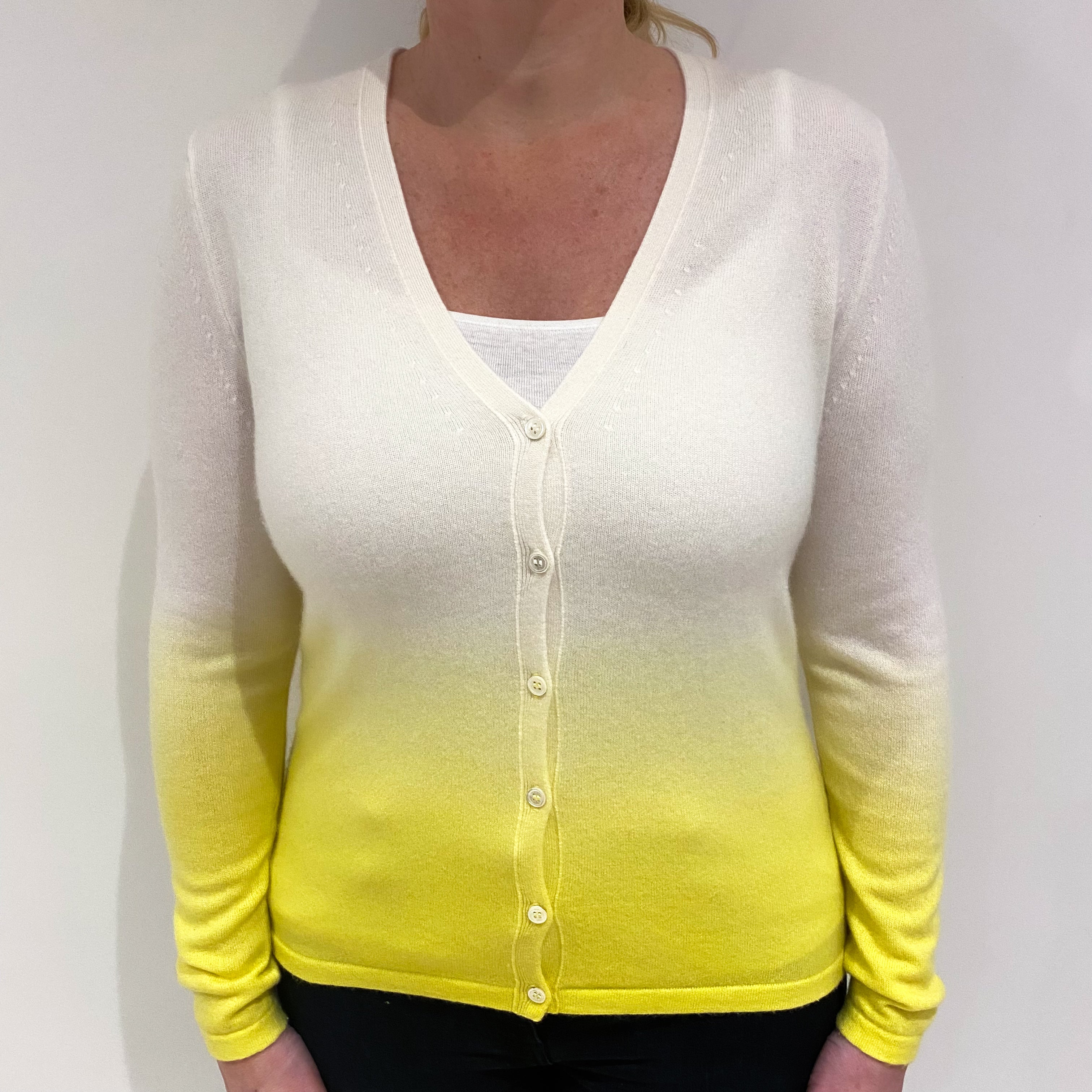 New Pure Cream to Yellow Ombre Cashmere V-Neck Cardigan Large