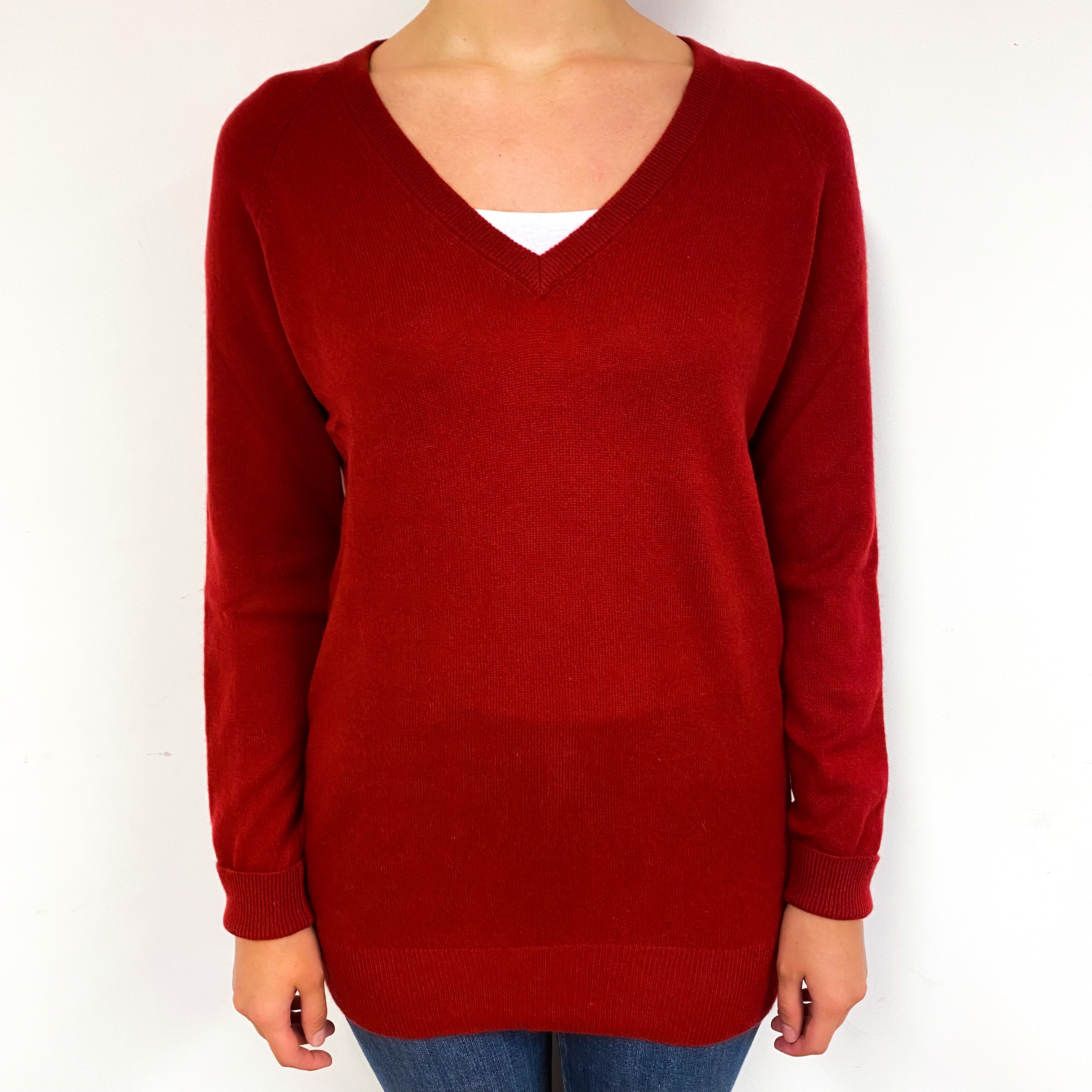 Crimson Red Longline Cashmere V-Neck Jumper Small