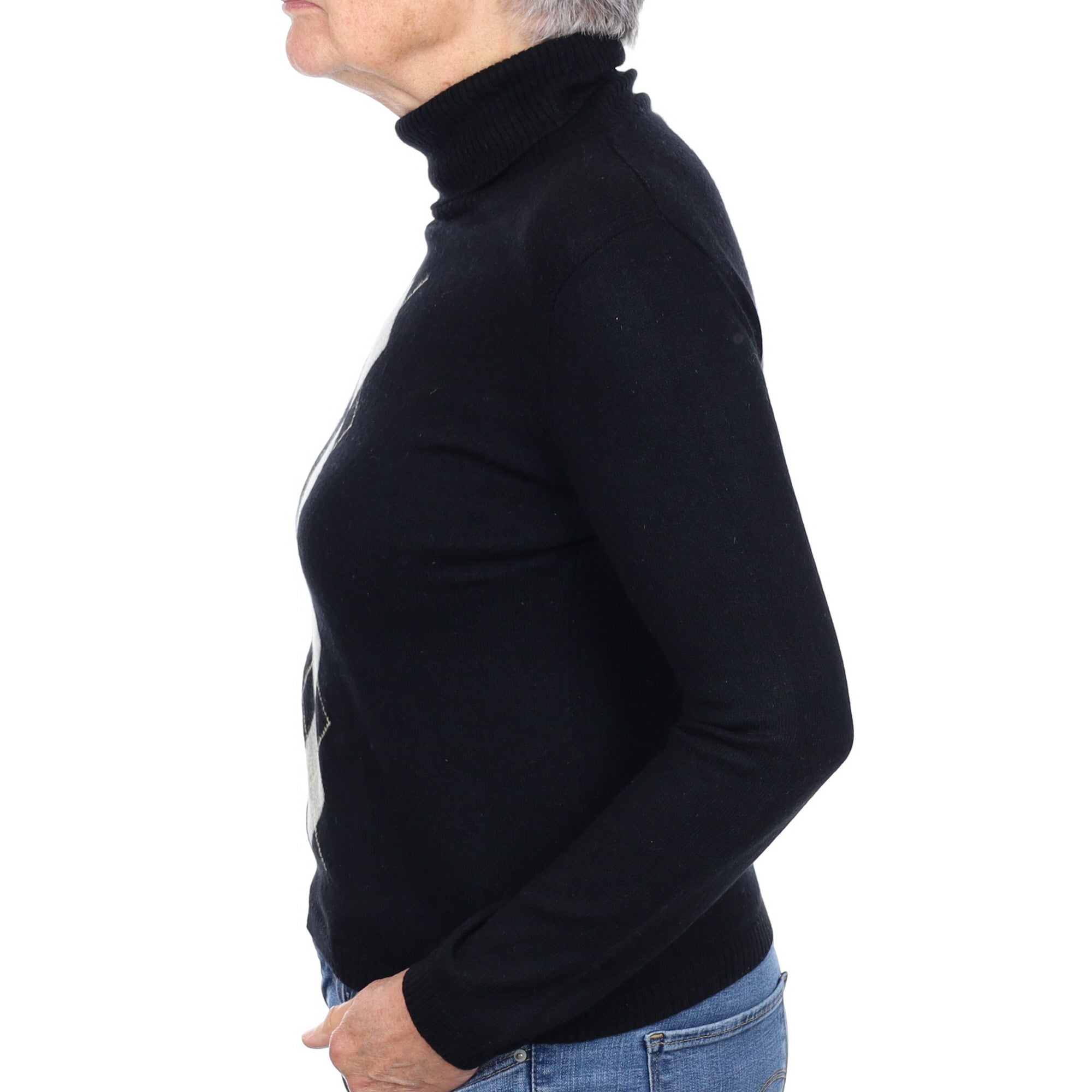 Black Argyle Cashmere Polo Neck Jumper Medium