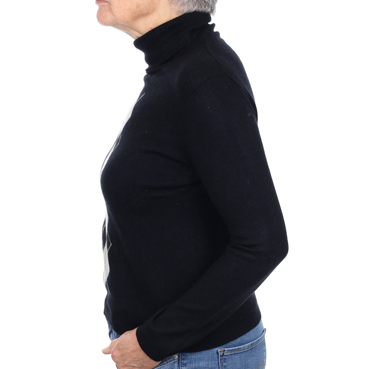 Black Argyle Cashmere Polo Neck Jumper Medium