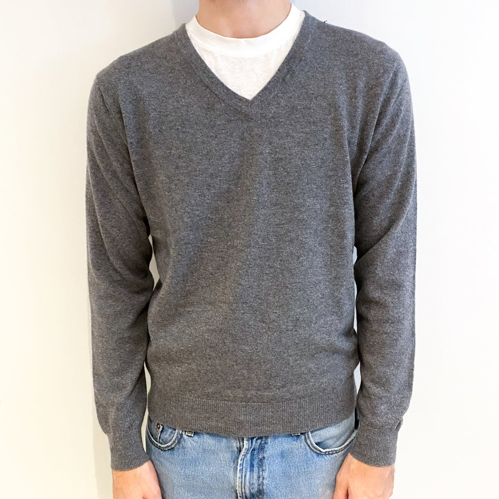 Men's Ash Grey Cashmere V Neck Jumper Large