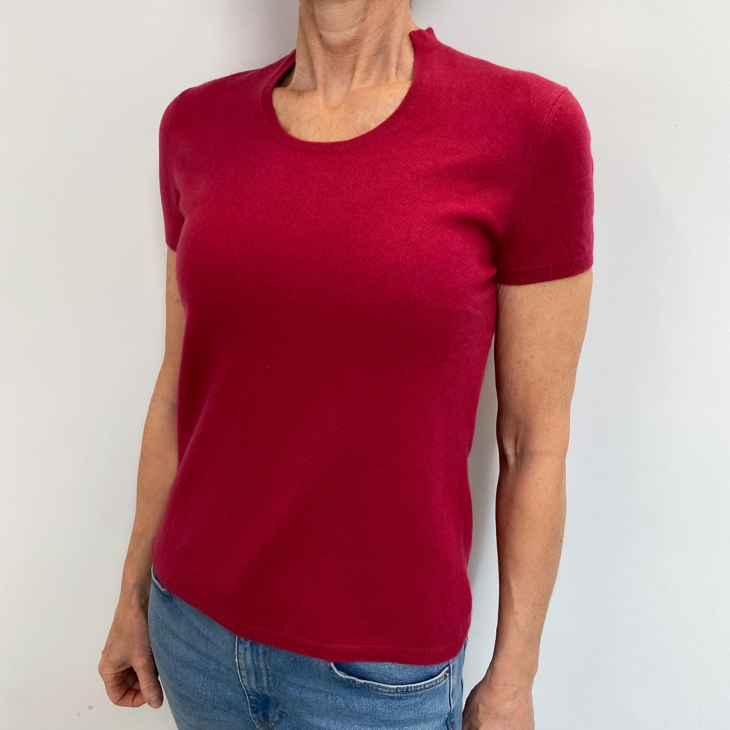 Fuchsia Pink Cashmere Short Sleeved Notch Neck Jumper Small