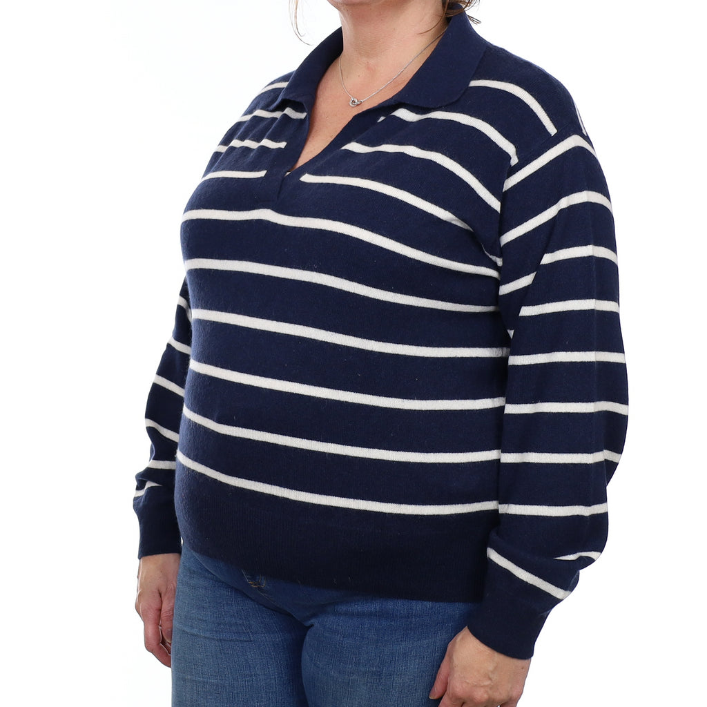 Navy and Ivory Striped Cashmere Collared V Neck Jumper Extra Extra Large