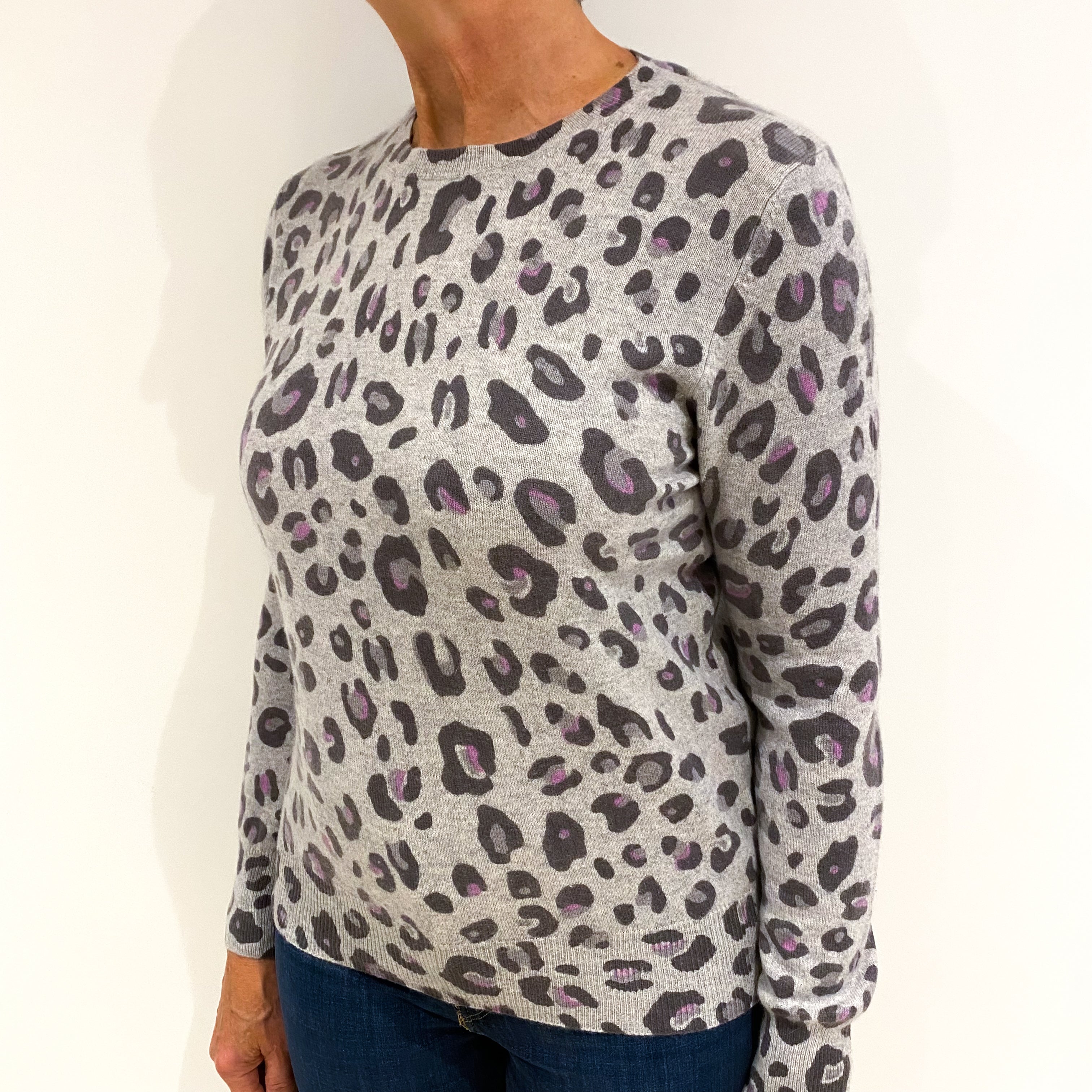 Pale Grey Animal Print Cashmere Crew Neck Jumper Medium