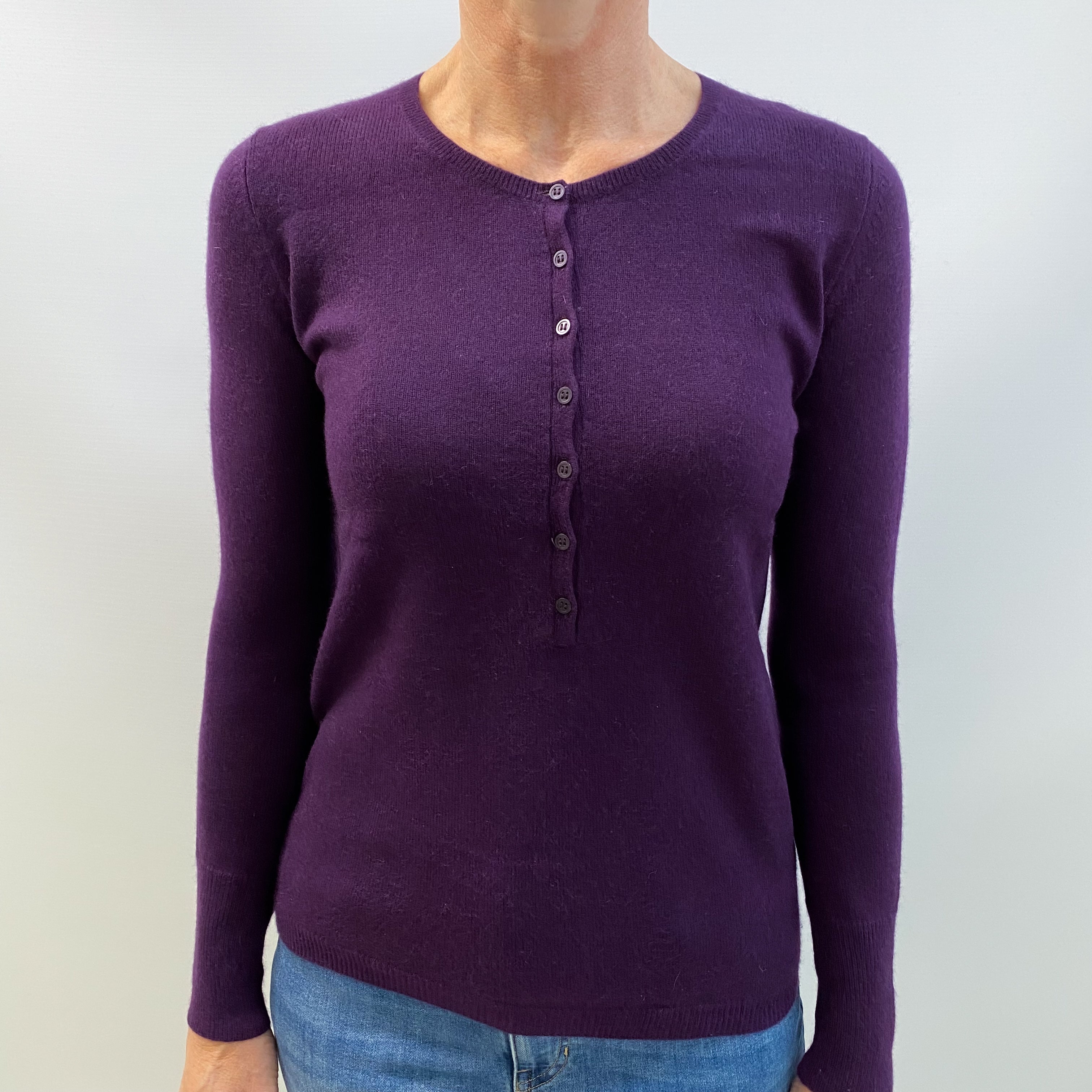Blueberry Purple Cashmere Button Up Crew Neck Jumper Small