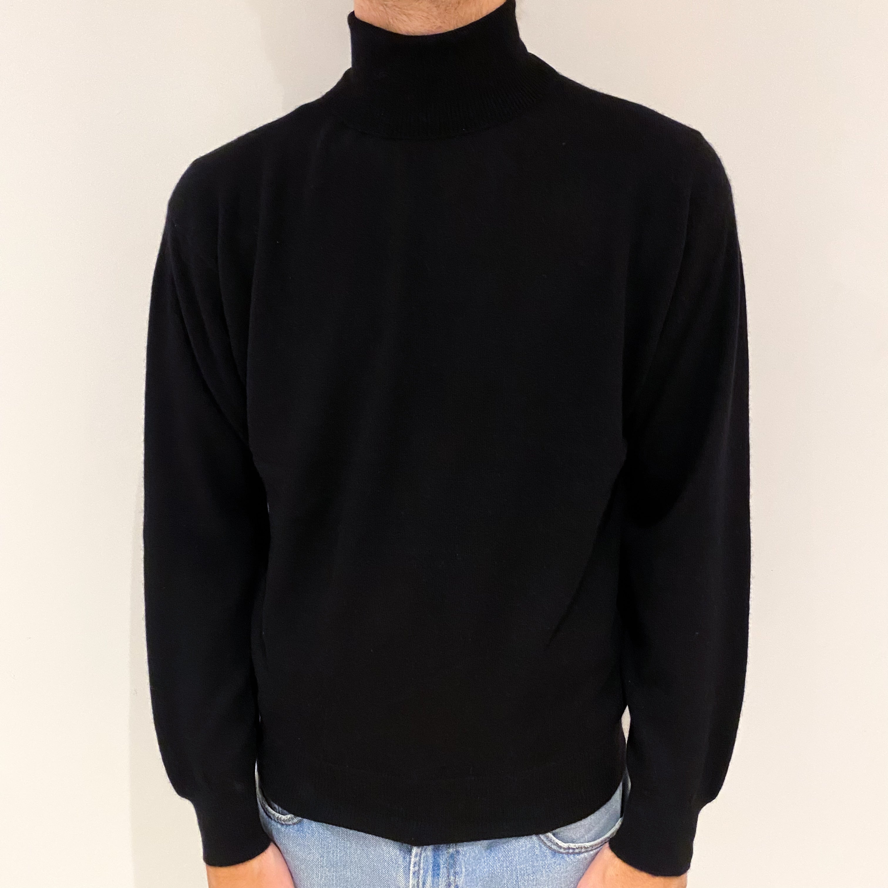 Men's Black Cashmere Polo Neck Jumper Large