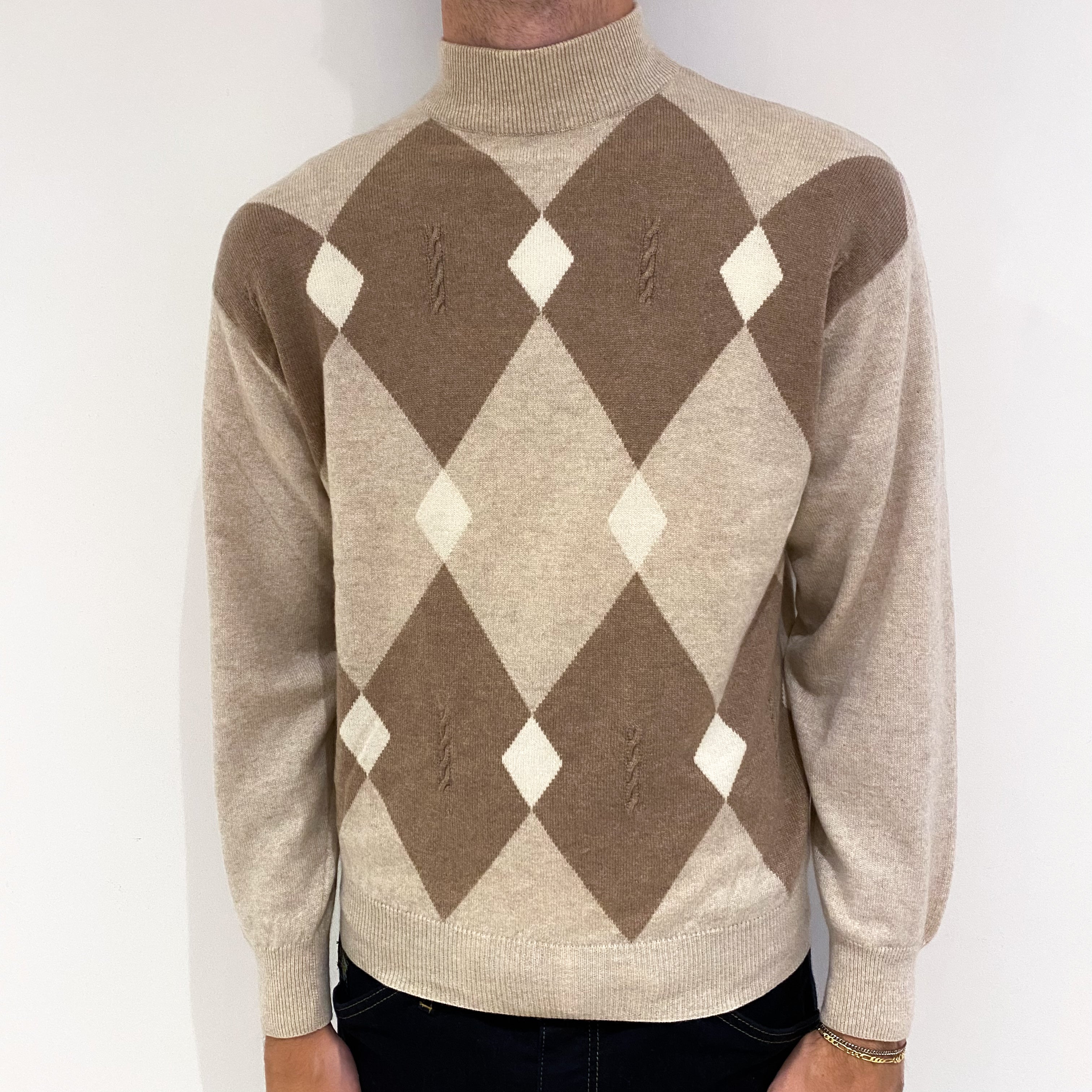Men's Oatmeal and Camel Diamond Cashmere Turtle Neck Jumper Medium