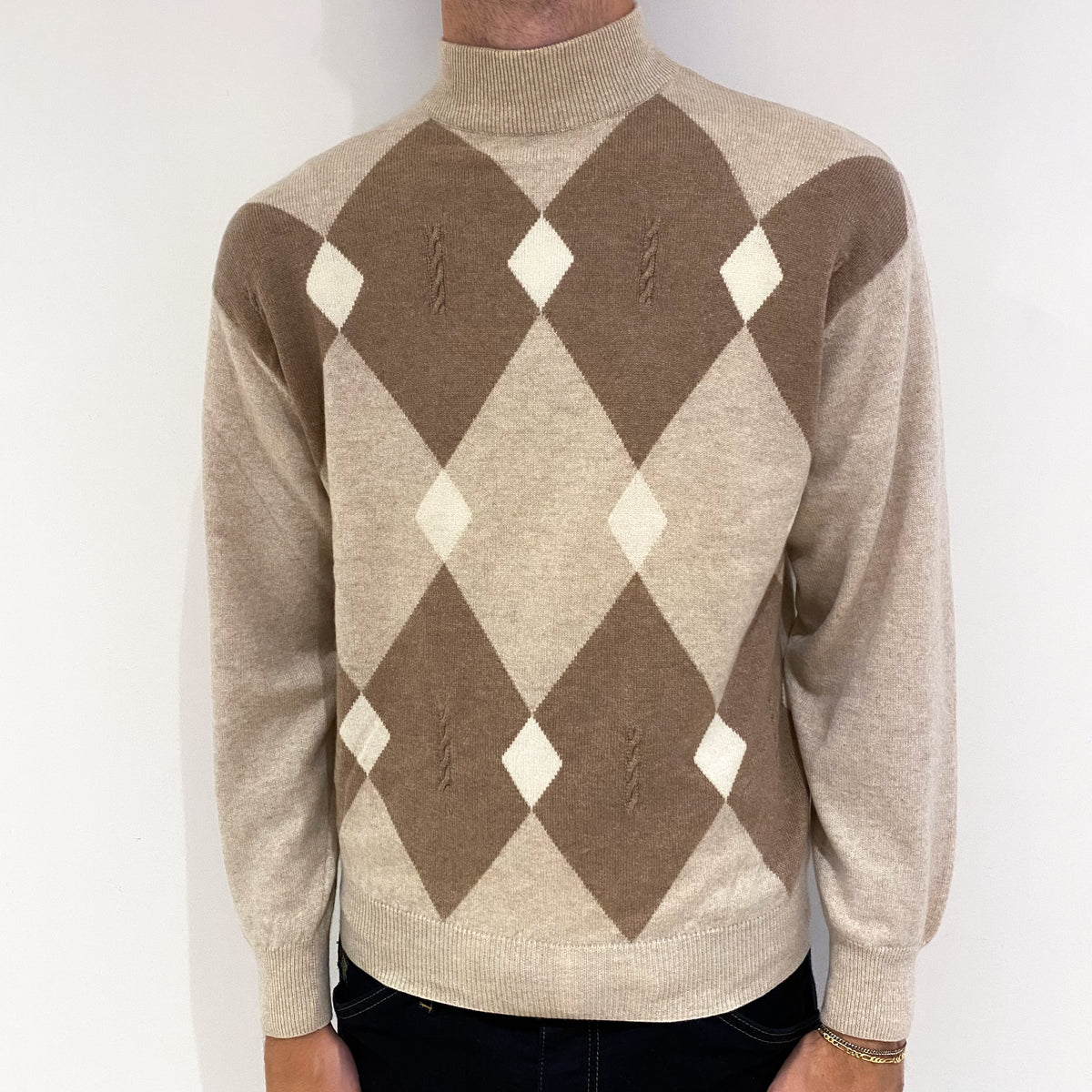 Men's Oatmeal and Camel Diamond Cashmere Turtle Neck Jumper Medium