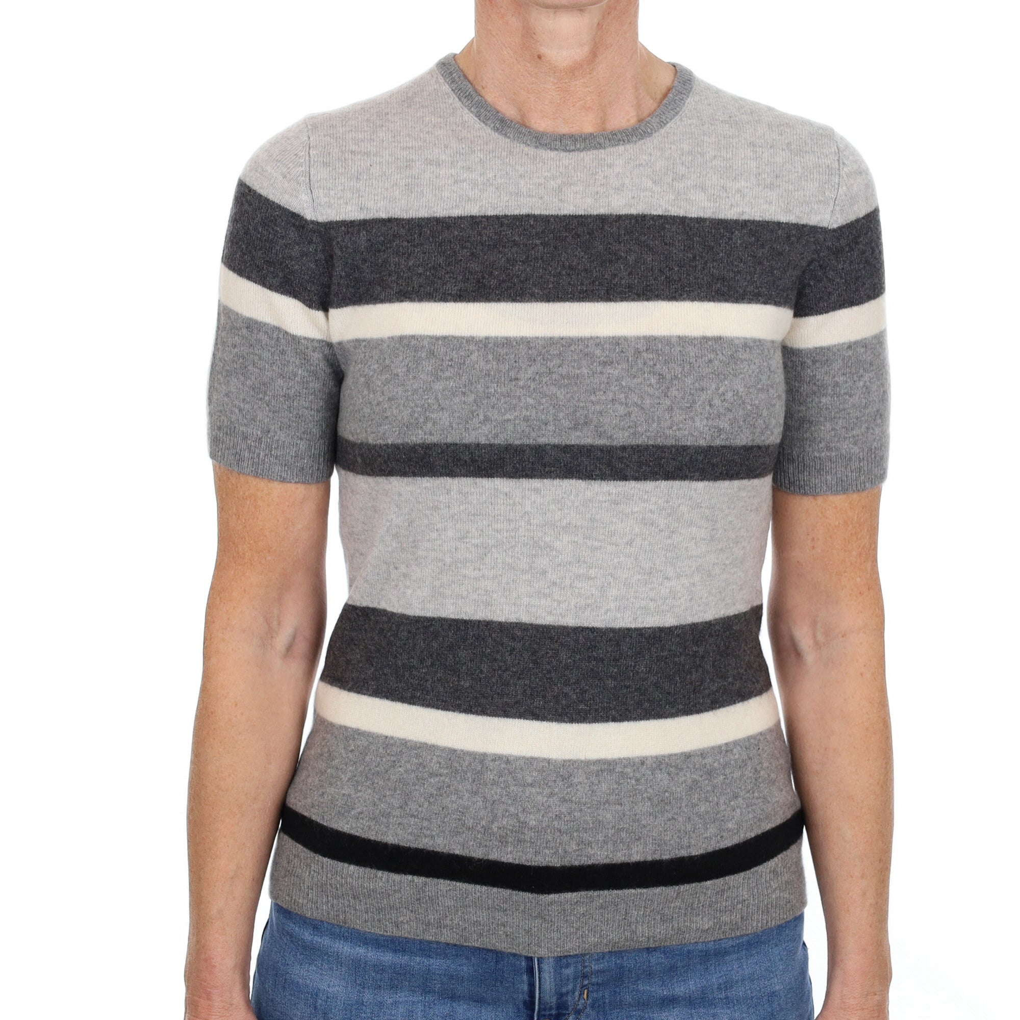 Grey Striped Cashmere Crew Neck Jumper Small