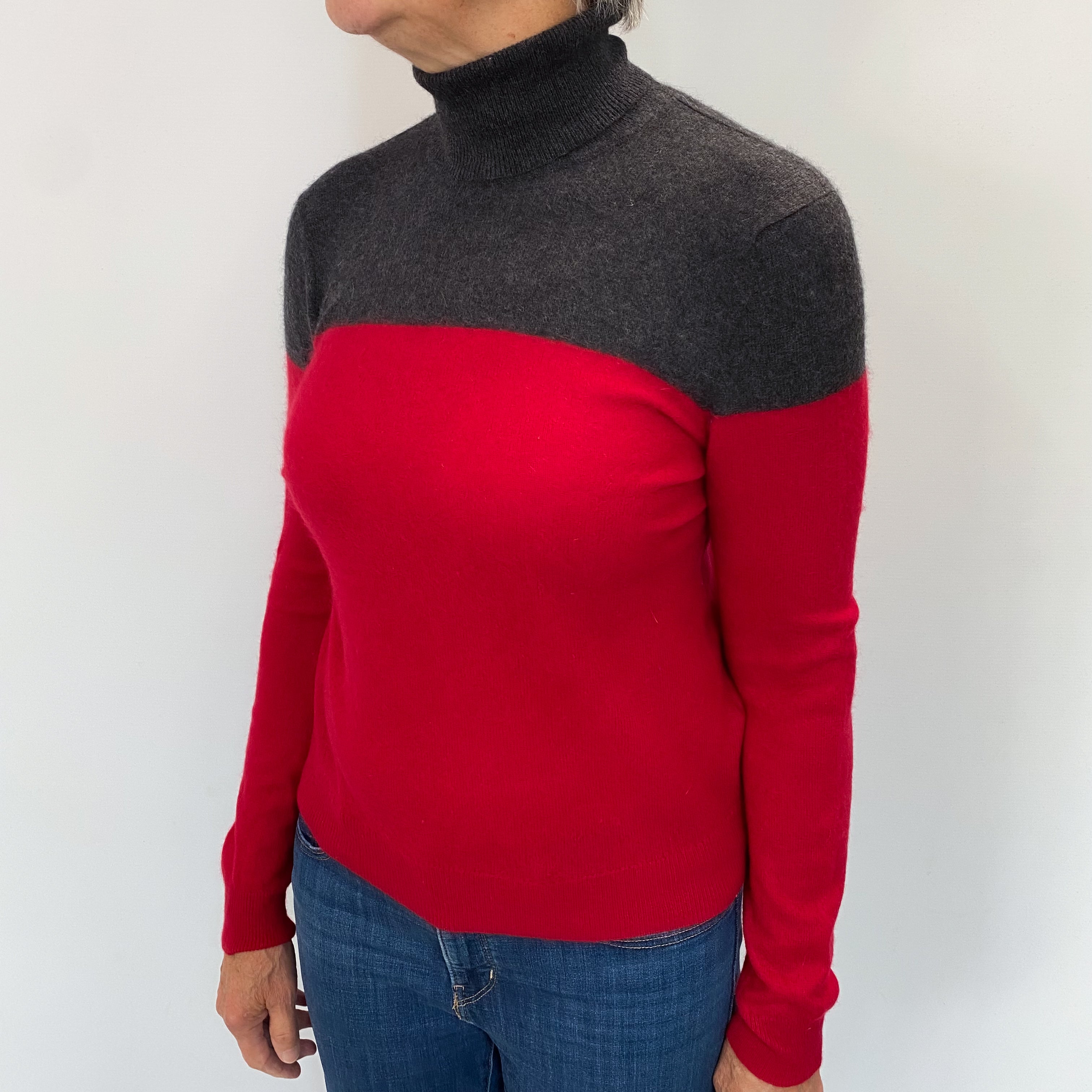 Crimson Red Colour Block Cashmere Polo Neck Jumper Medium