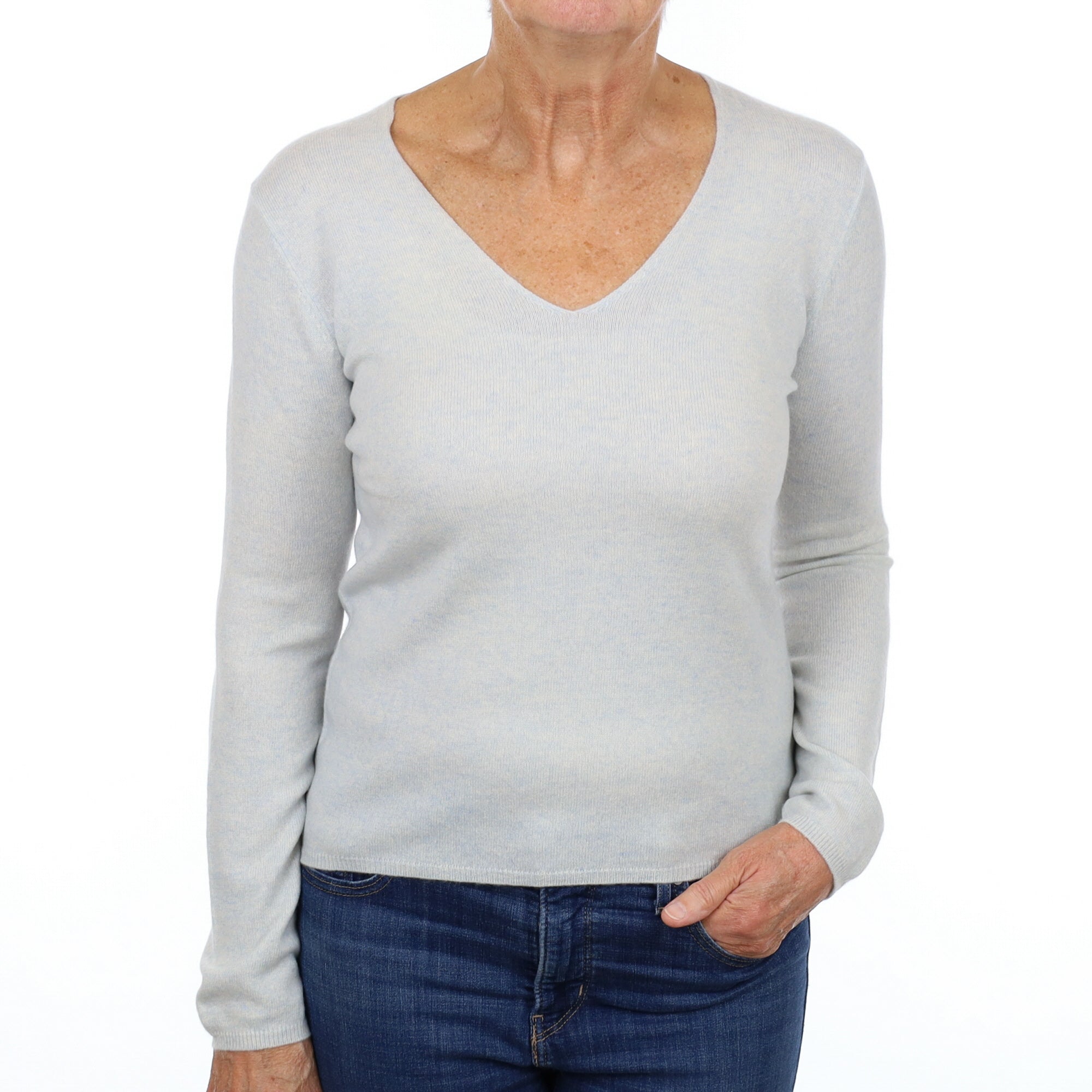 Sky Blue Marl Cashmere V Neck Jumper Medium