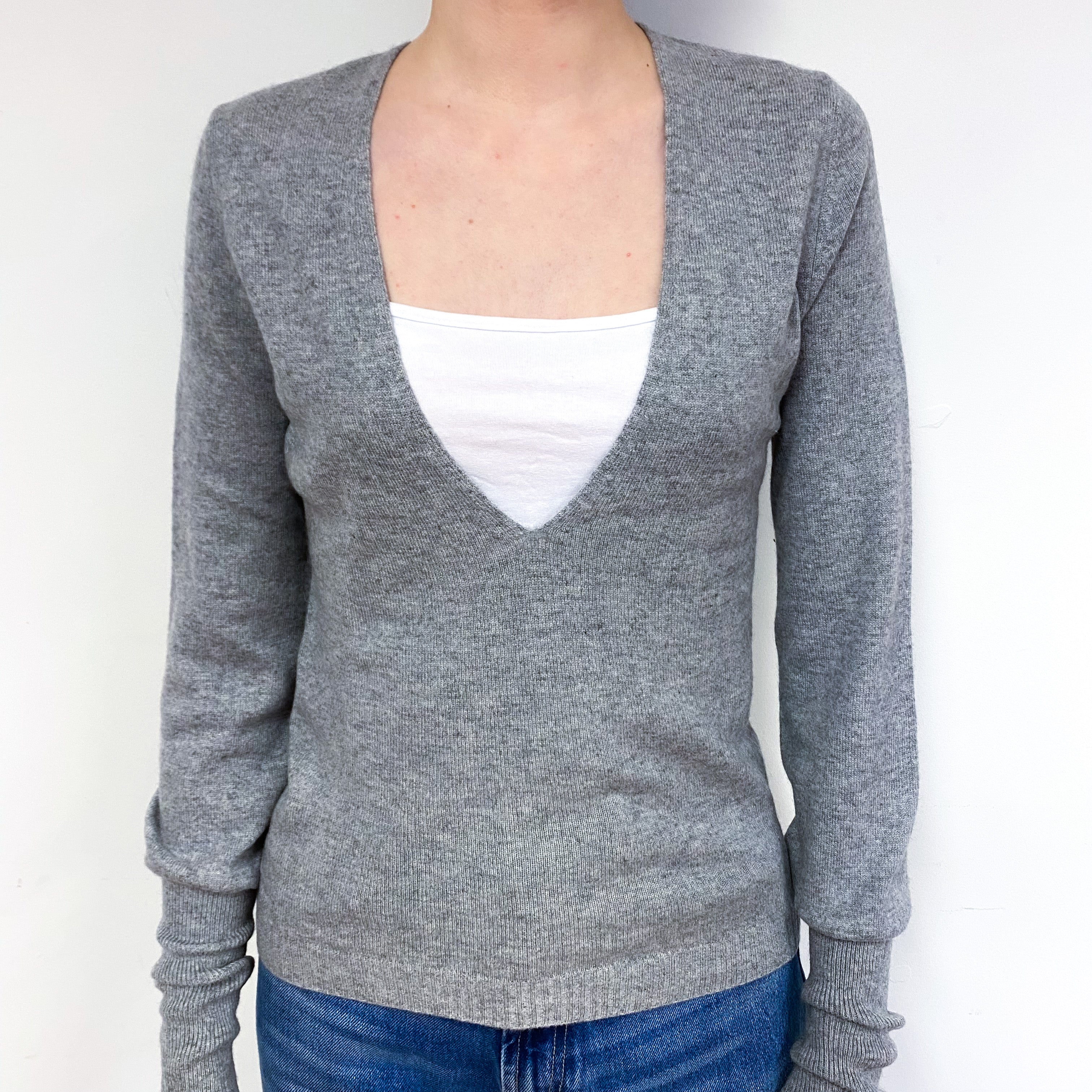 Smoke Grey Cashmere Low V-Neck Jumper Extra Small