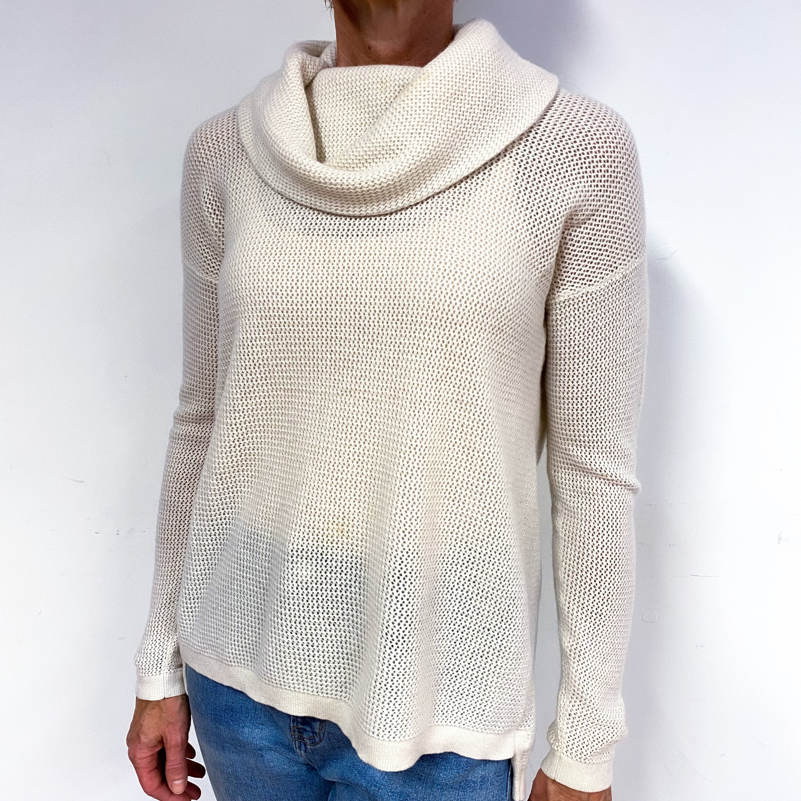 Cream Waffle Knit Cashmere Polo Neck Jumper Medium