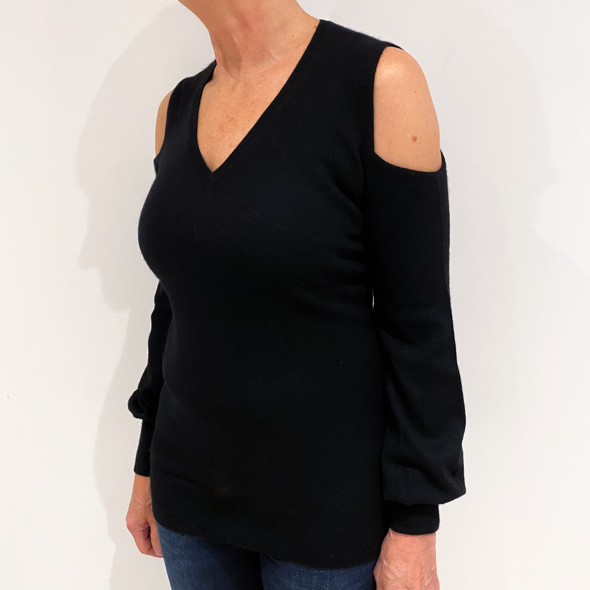 Black Cold Shoulder Cashmere V Neck Jumper Medium