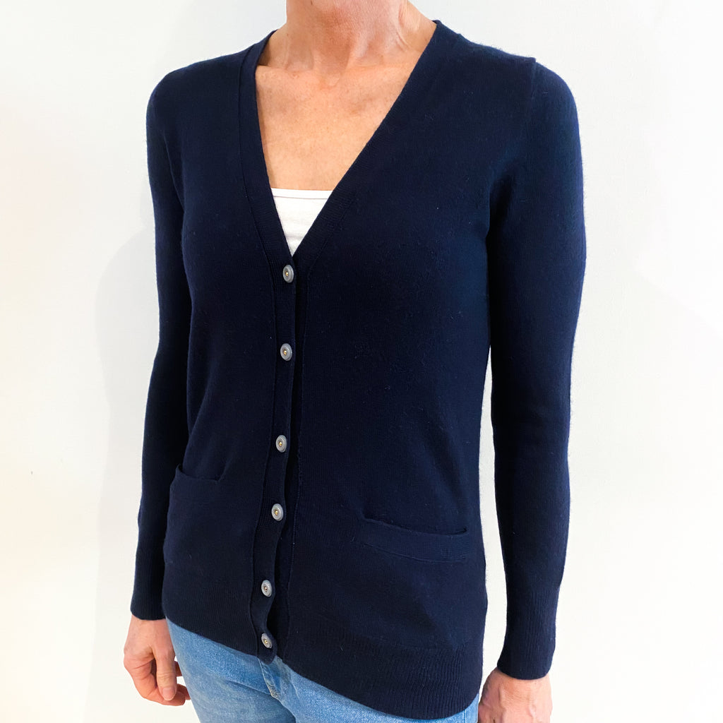 Navy Blue Cashmere V Neck Cardigan with Pockets Small