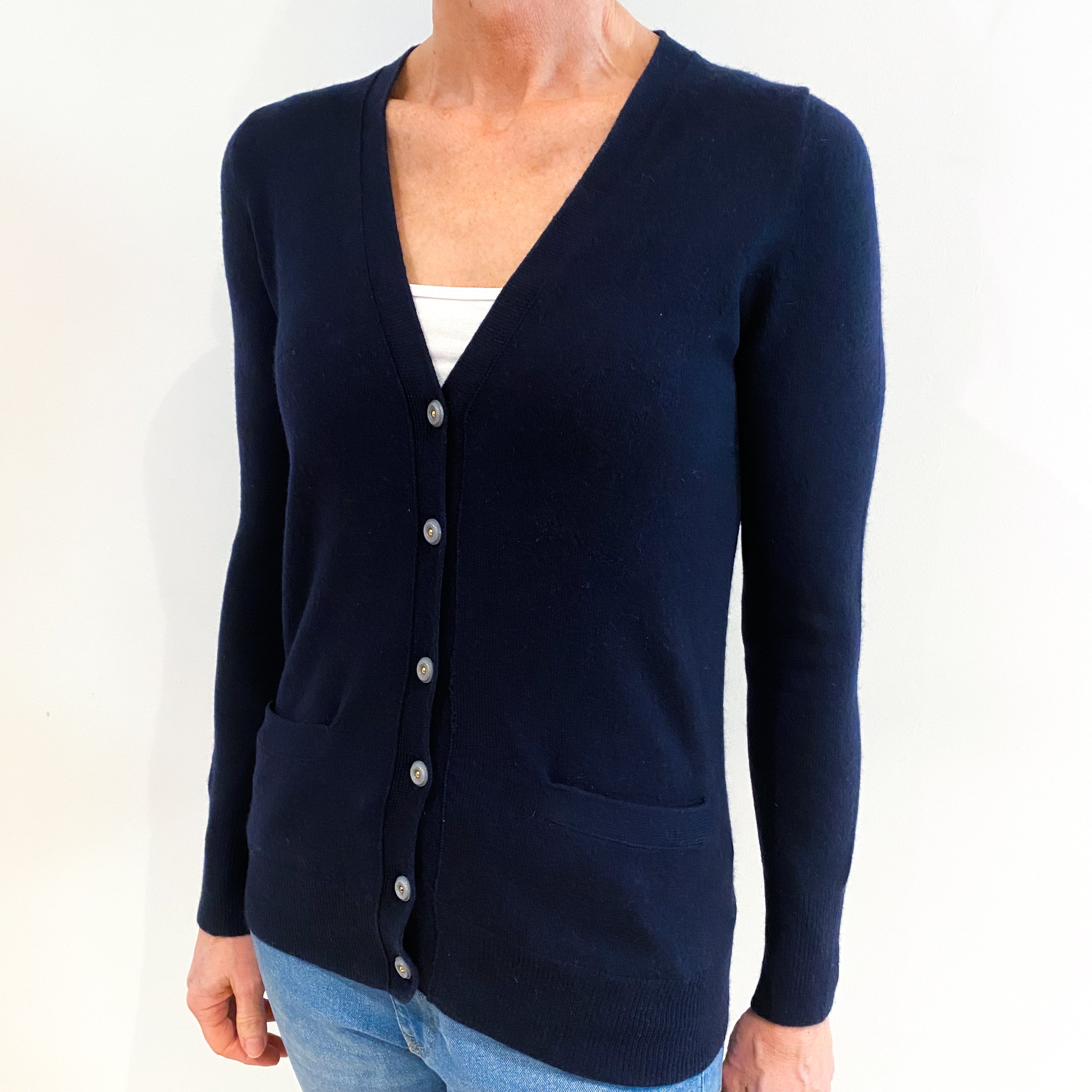 Navy Blue Cashmere V Neck Cardigan with Pockets Small