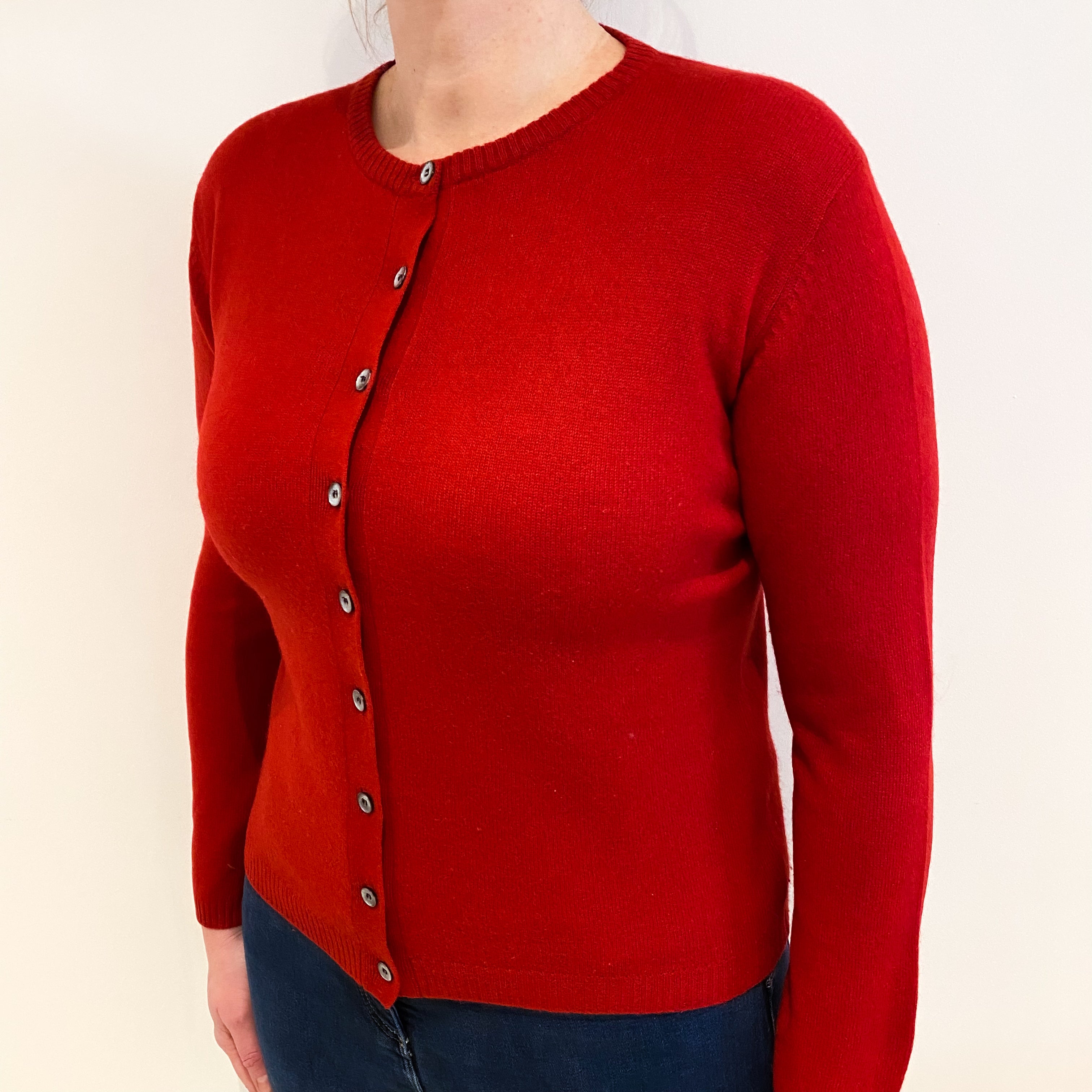 Post Box Red Cashmere Crew Neck Cardigan Large