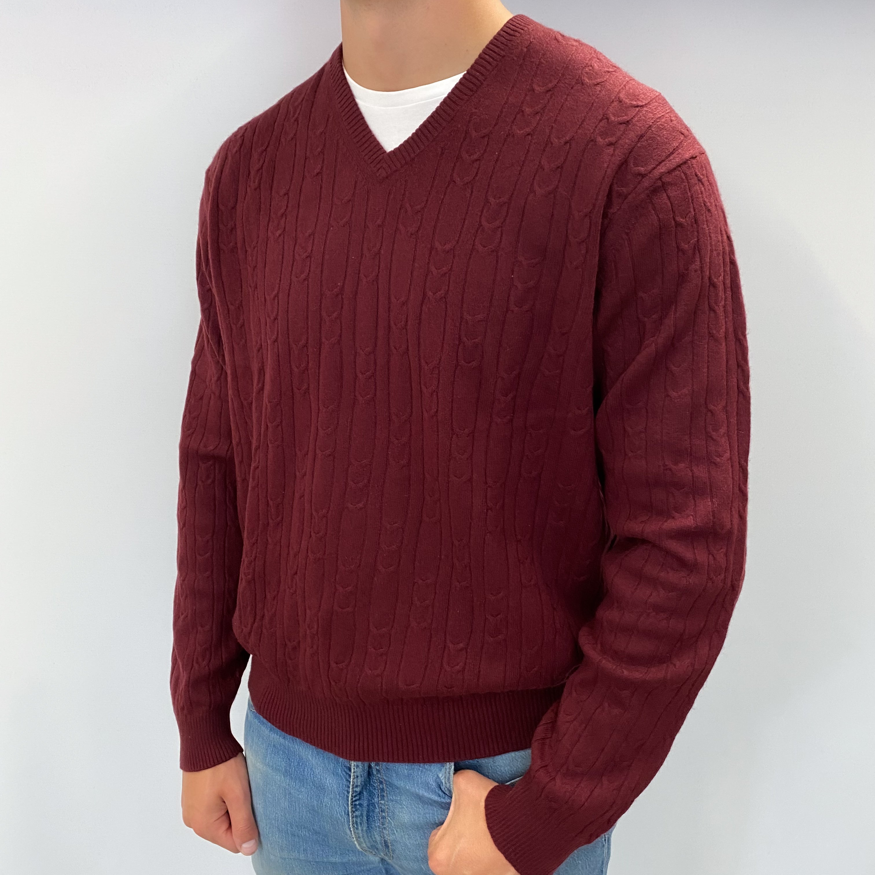 Men's Wine Red Cashmere V Neck Cable Knit Jumper XL