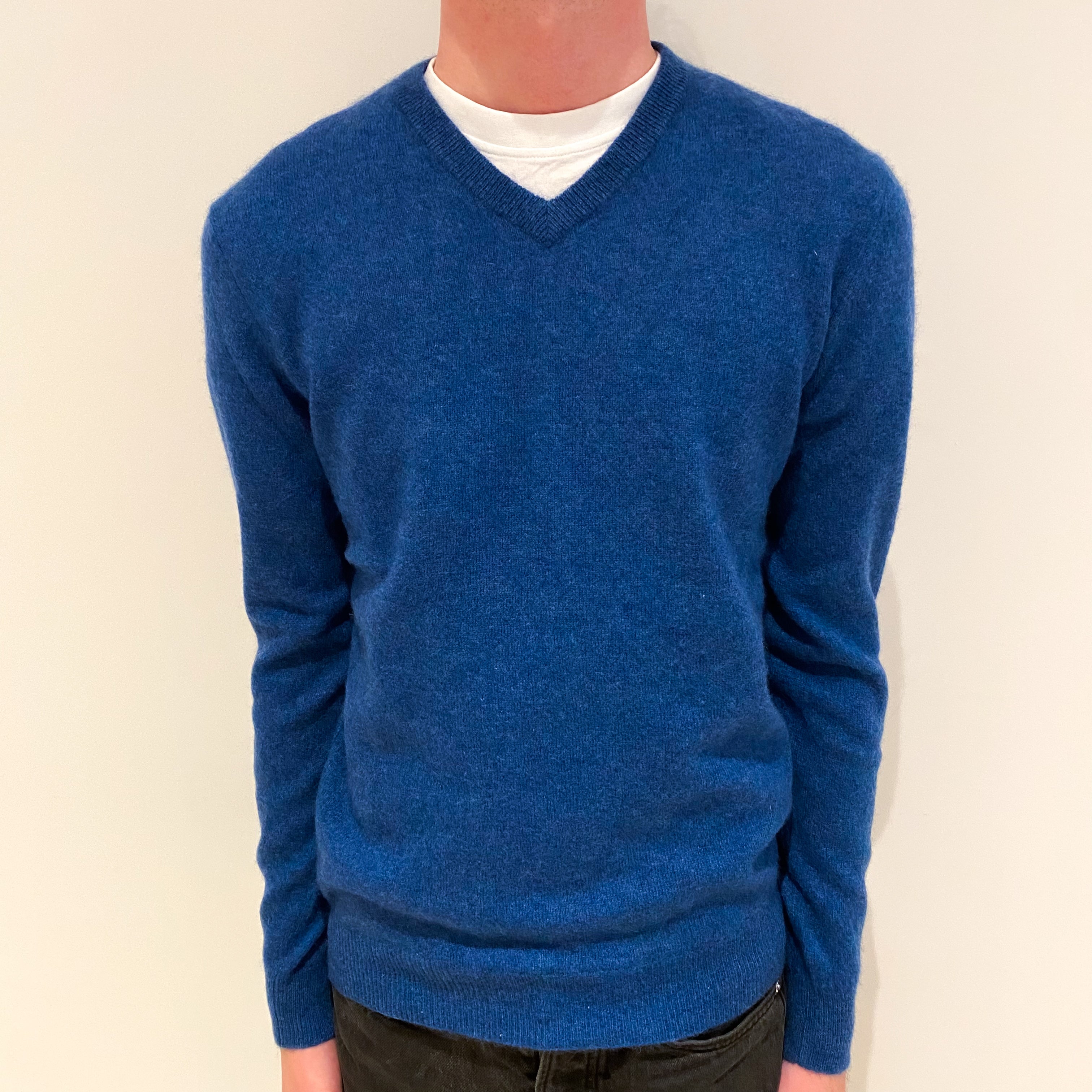 Men's Petrol Blue Cashmere V-Neck Jumper Small