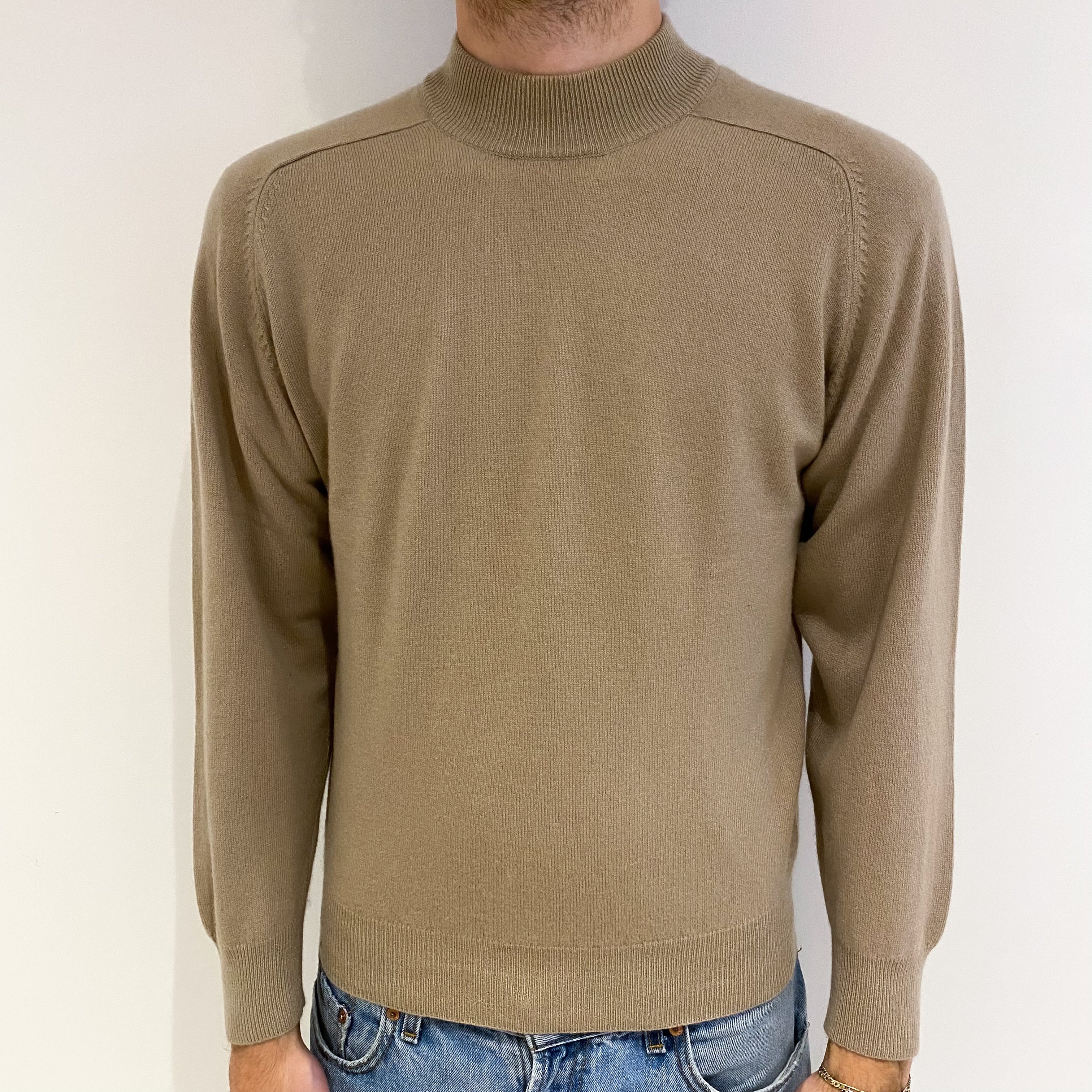 Men's Buff Beige Cashmere Turtle Neck Jumper Medium