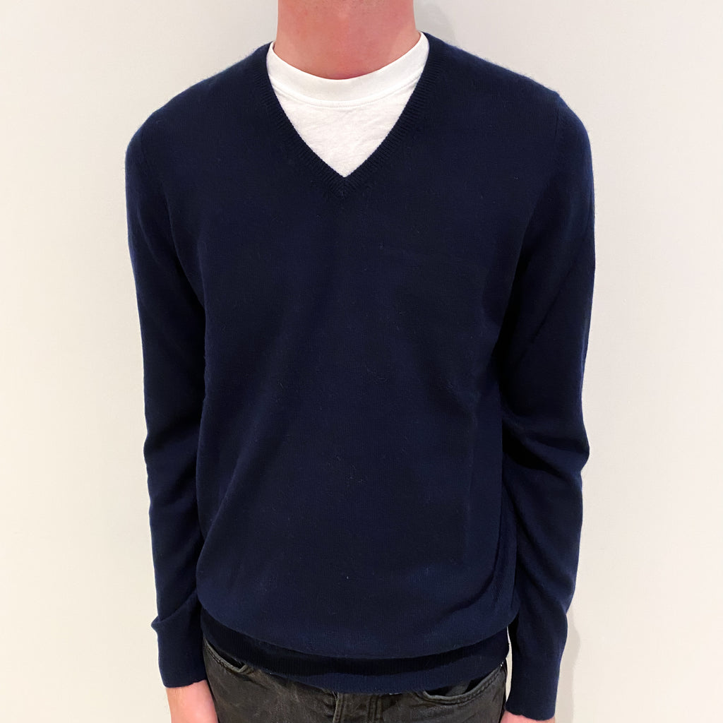 Men's Navy Blue Cashmere V-Neck Jumper Small