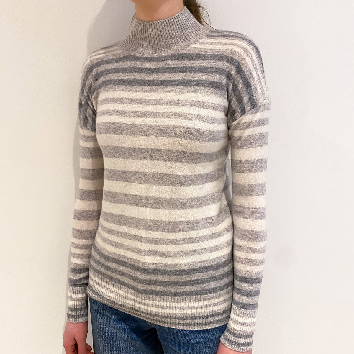 Smoke Grey Stripe Cashmere Turtle Neck Jumper Extra Small