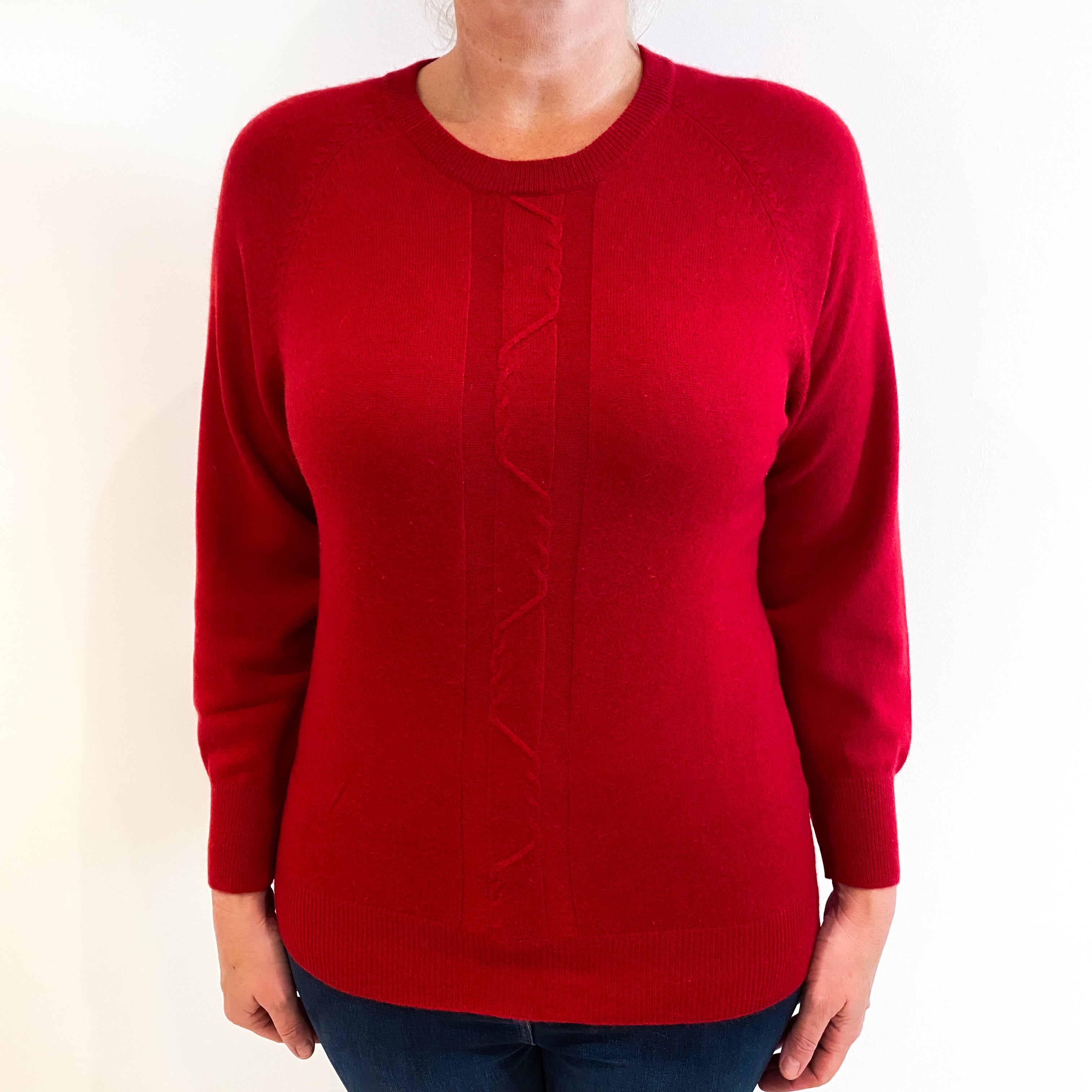 Scarlet Red Cable Detail Cashmere Crew Neck Jumper Large