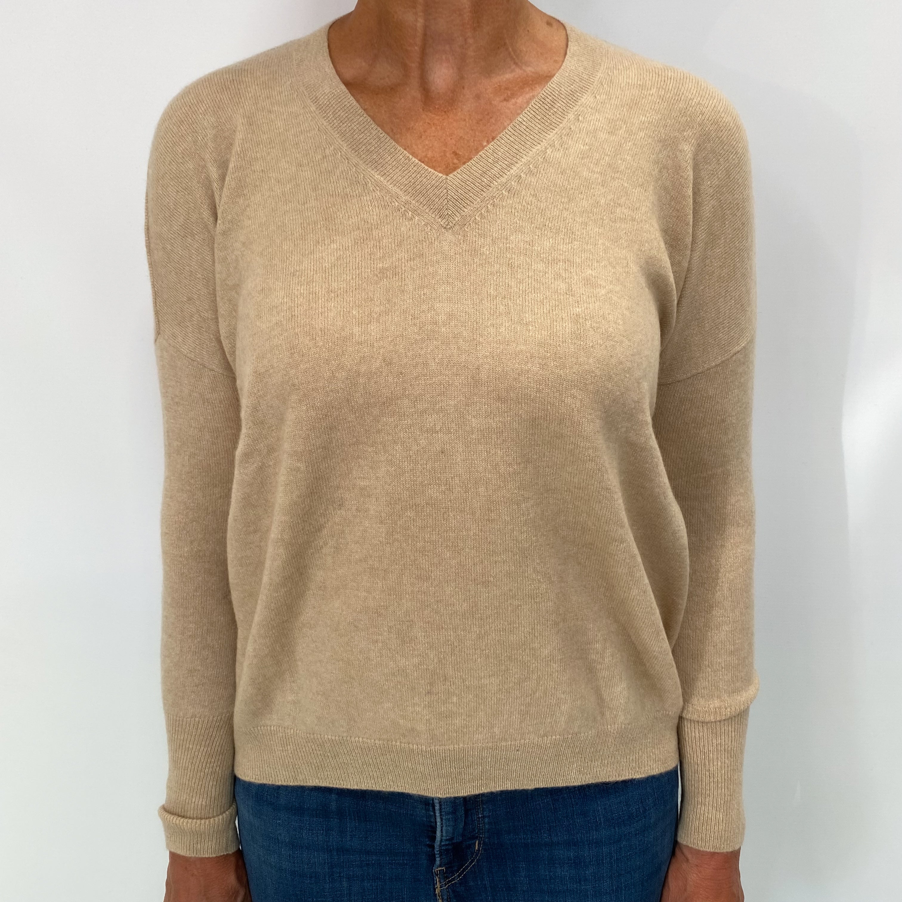 Light Caramel Brown Cashmere V Neck Jumper Medium