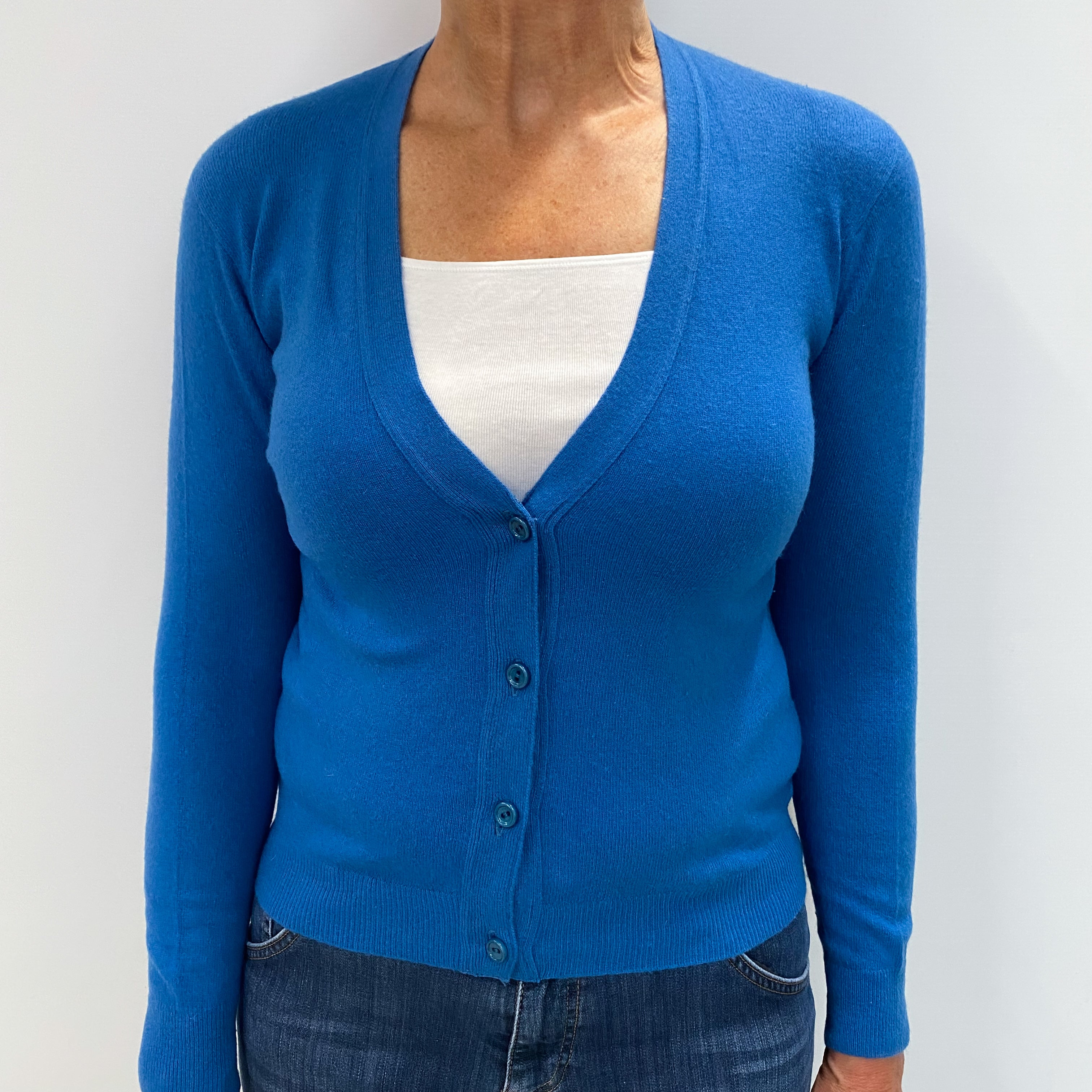 Peacock Blue Cashmere V Neck Cardigan Medium