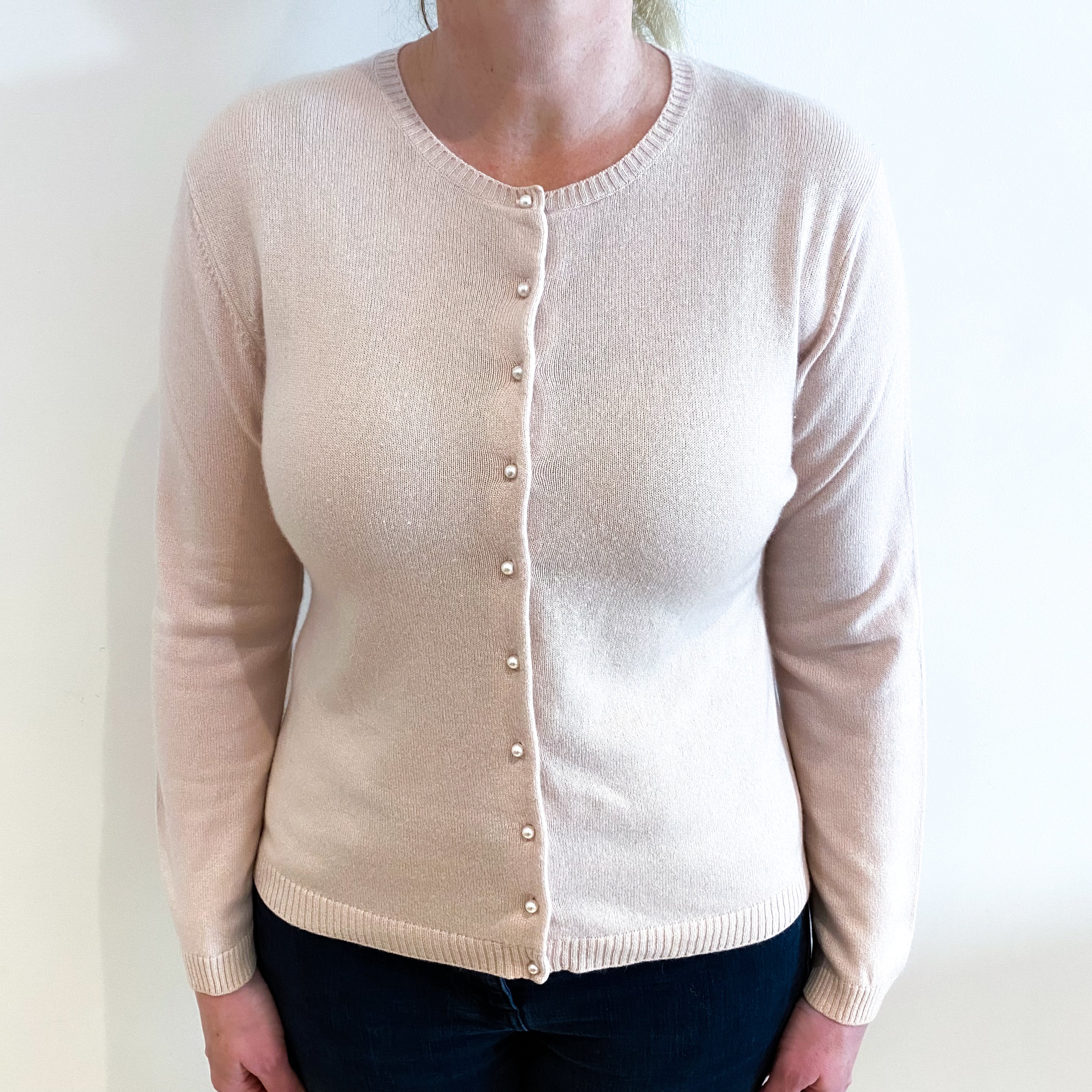 Pale Dusty Pink Cashmere Crew Neck Cardigan Large