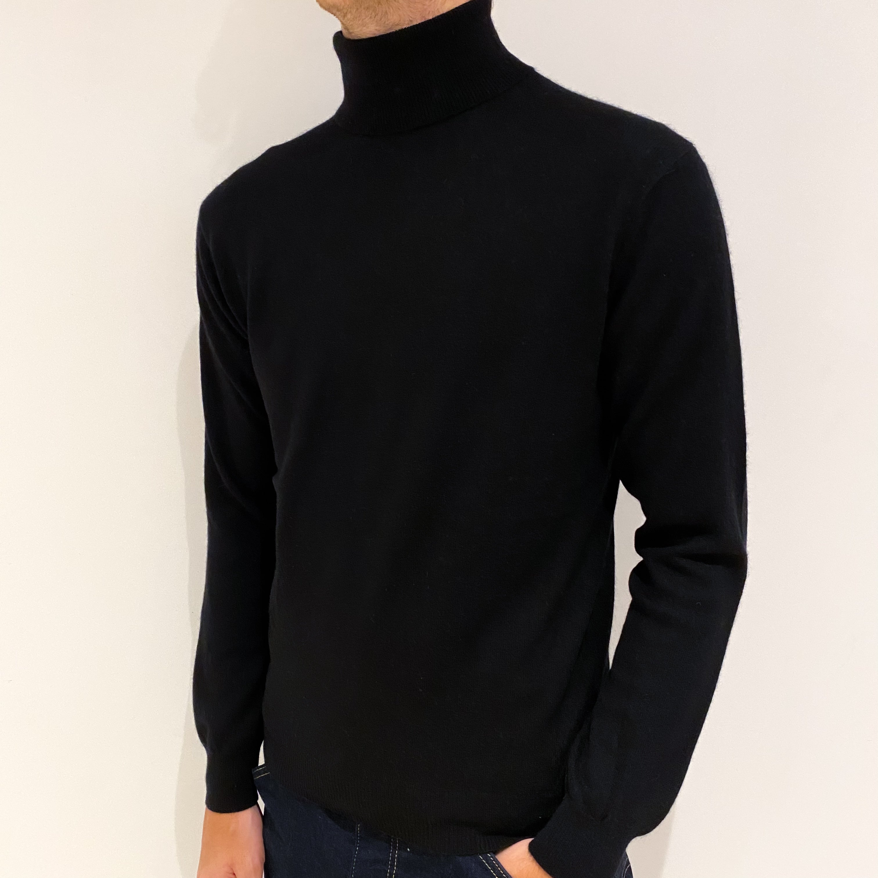 Men's Black Cashmere Polo Neck Jumper Medium