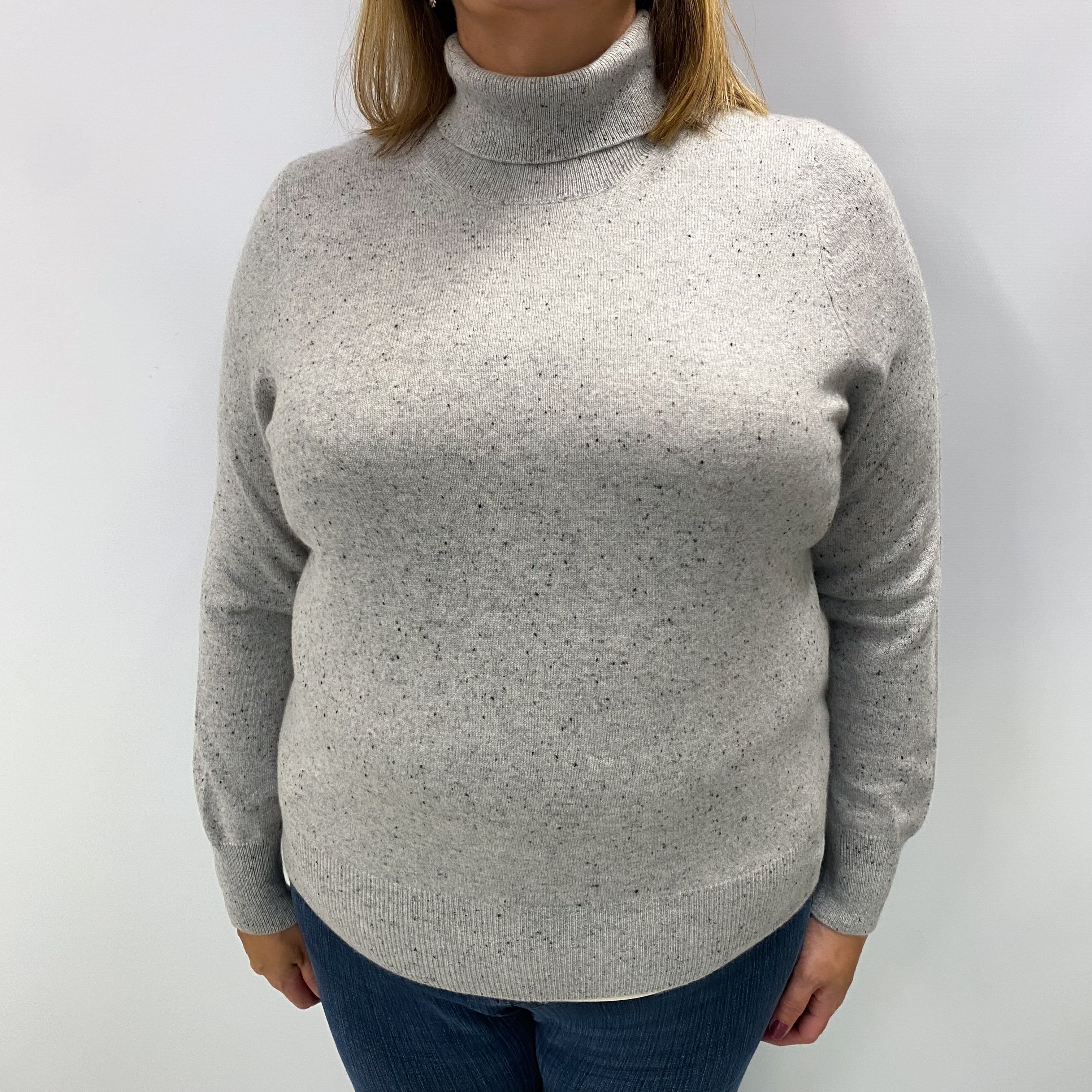 Smoke Grey Flecked Cashmere Polo Neck Jumper Extra Large