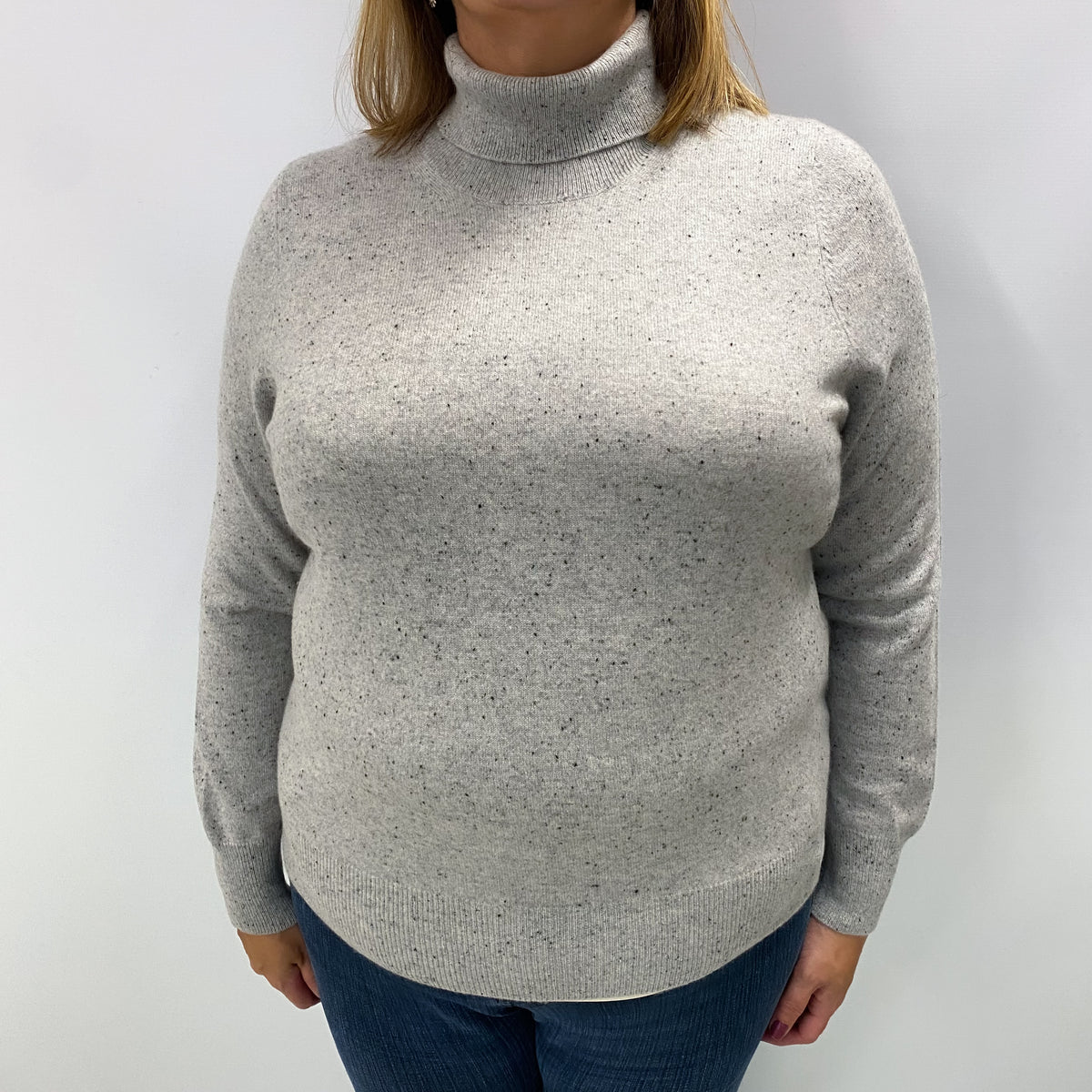 Smoke Grey Flecked Cashmere Polo Neck Jumper Extra Large