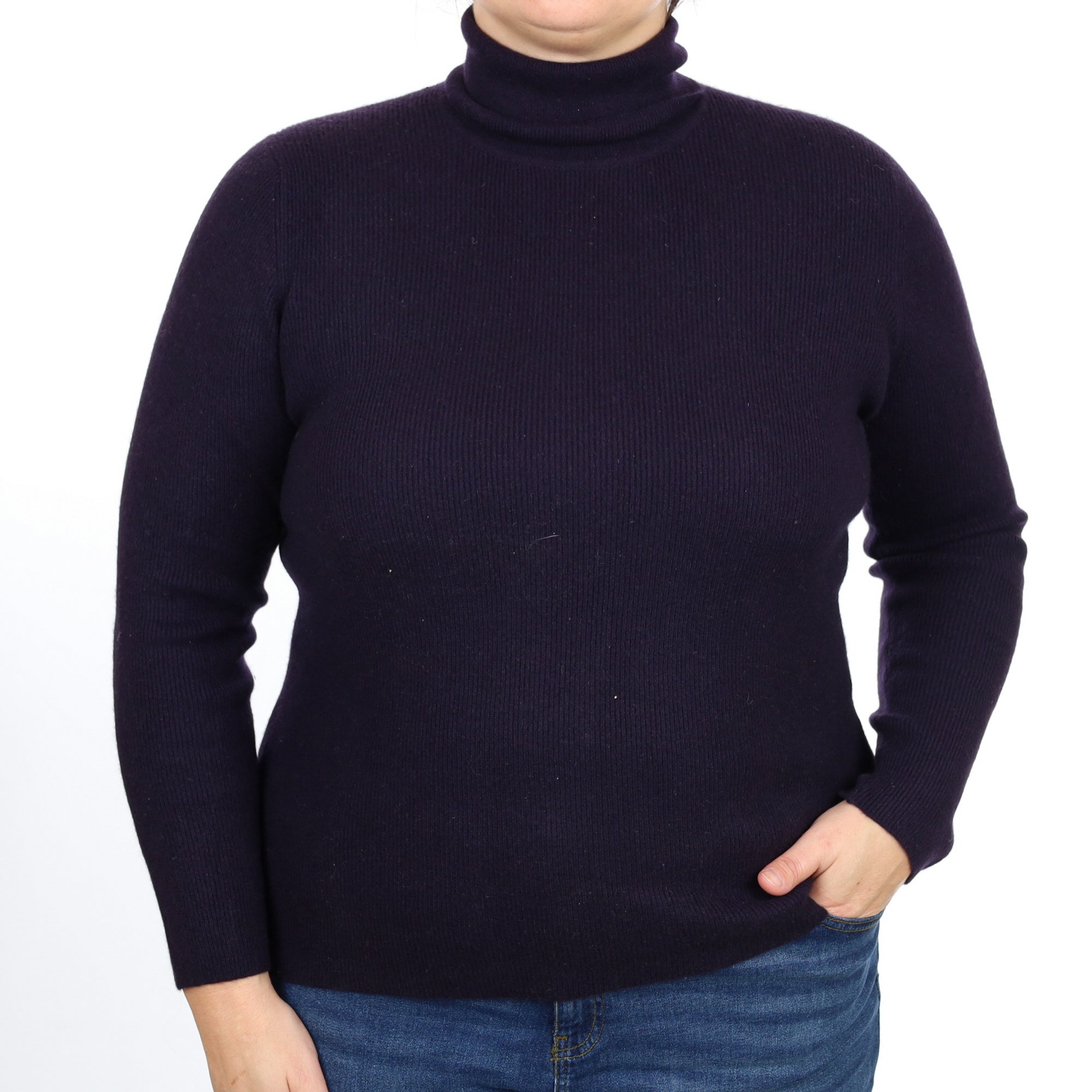 Navy Skinny Rib Cashmere Polo Neck Jumper Large