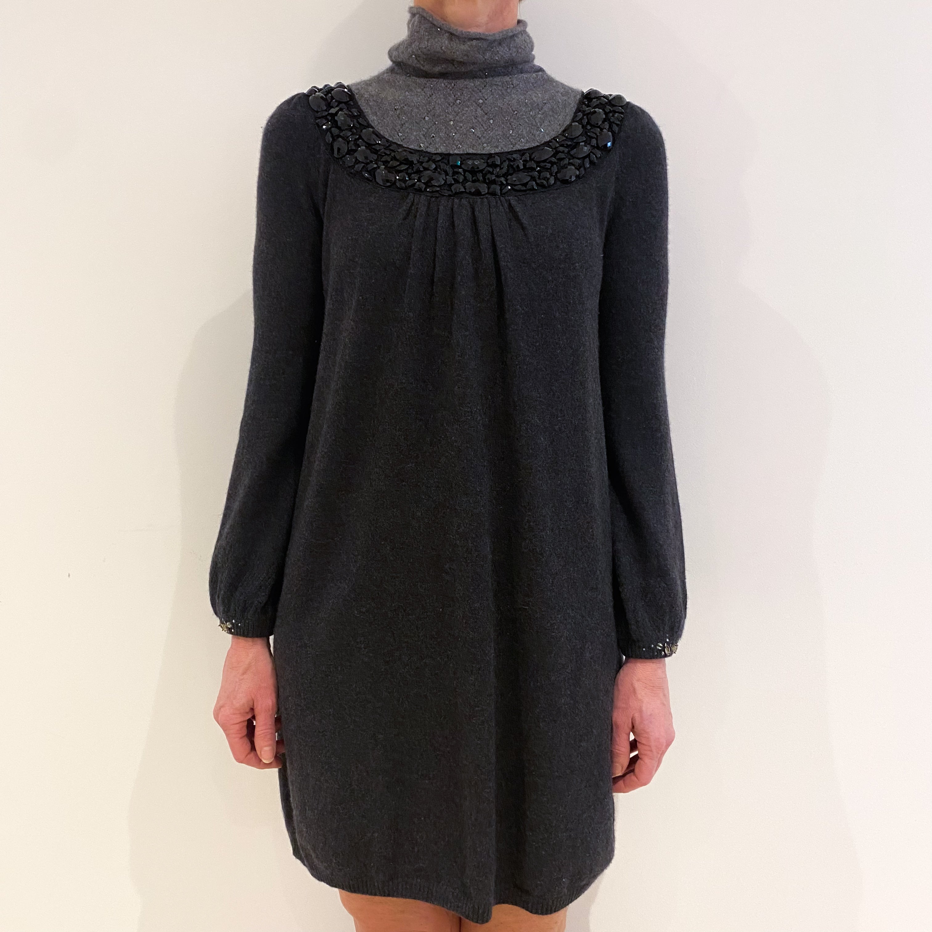 Charcoal Grey Beaded Cashmere Funnel Neck Dress Small