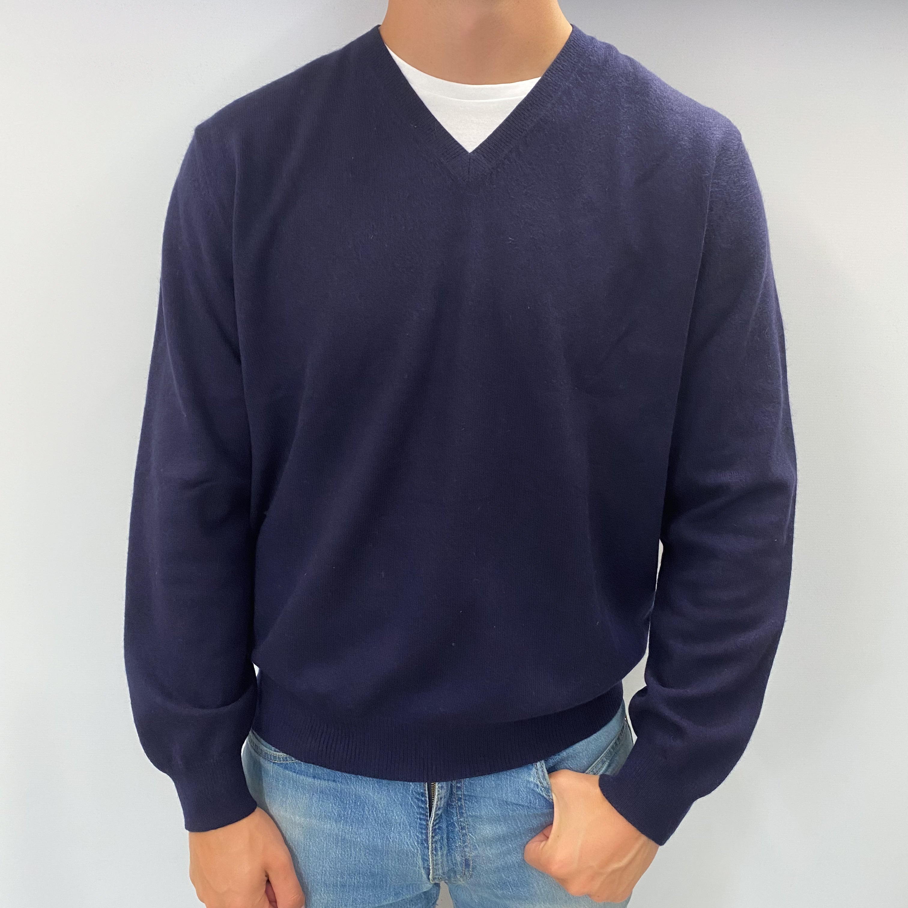 Men's Dark Navy Blue Cashmere V Neck Jumper XL
