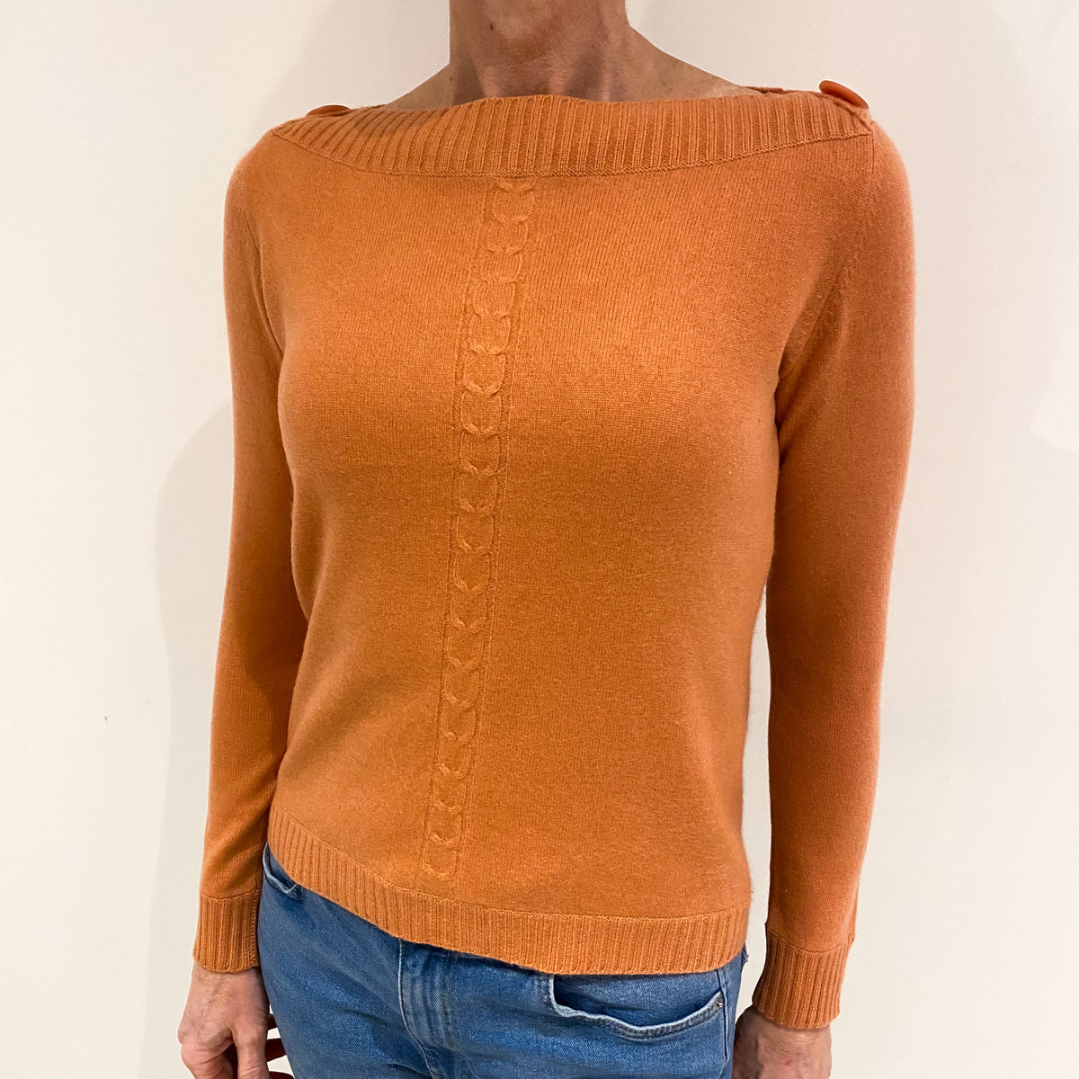 Peach Pink with Knit Detail on Centre and Sides Cashmere Slash Neck Jumper Small