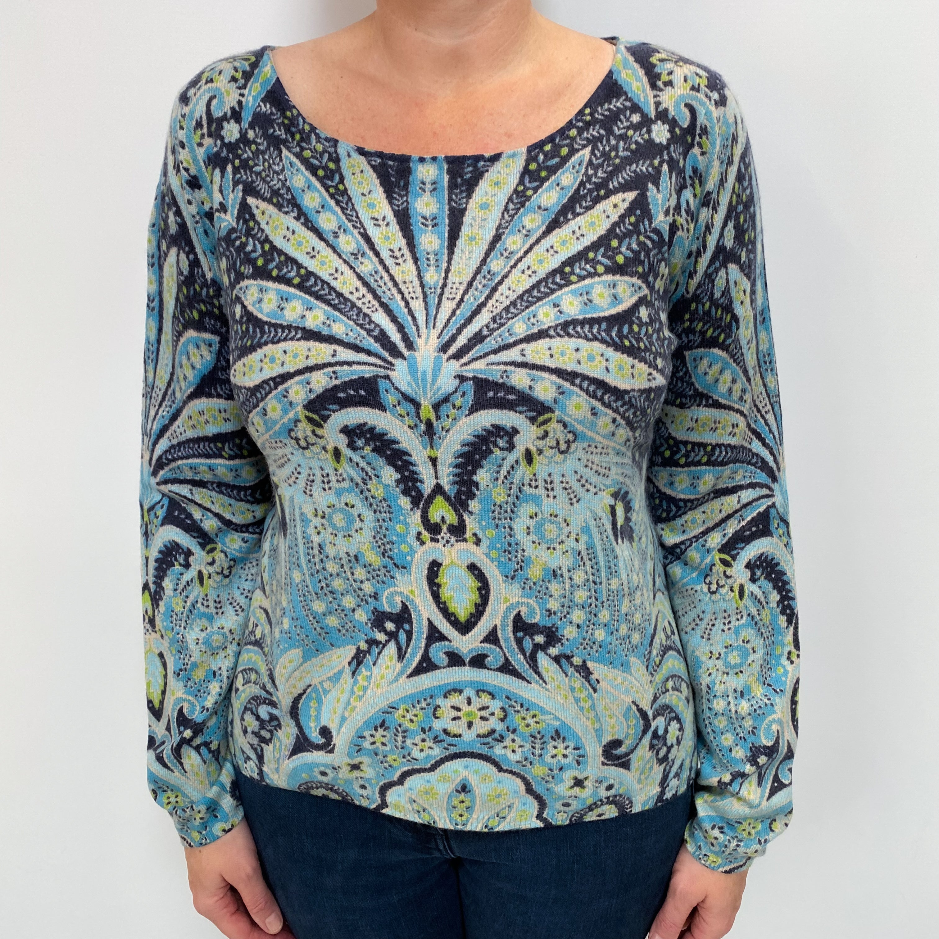 Blue Patterned Cashmere Slash Neck Jumper Large