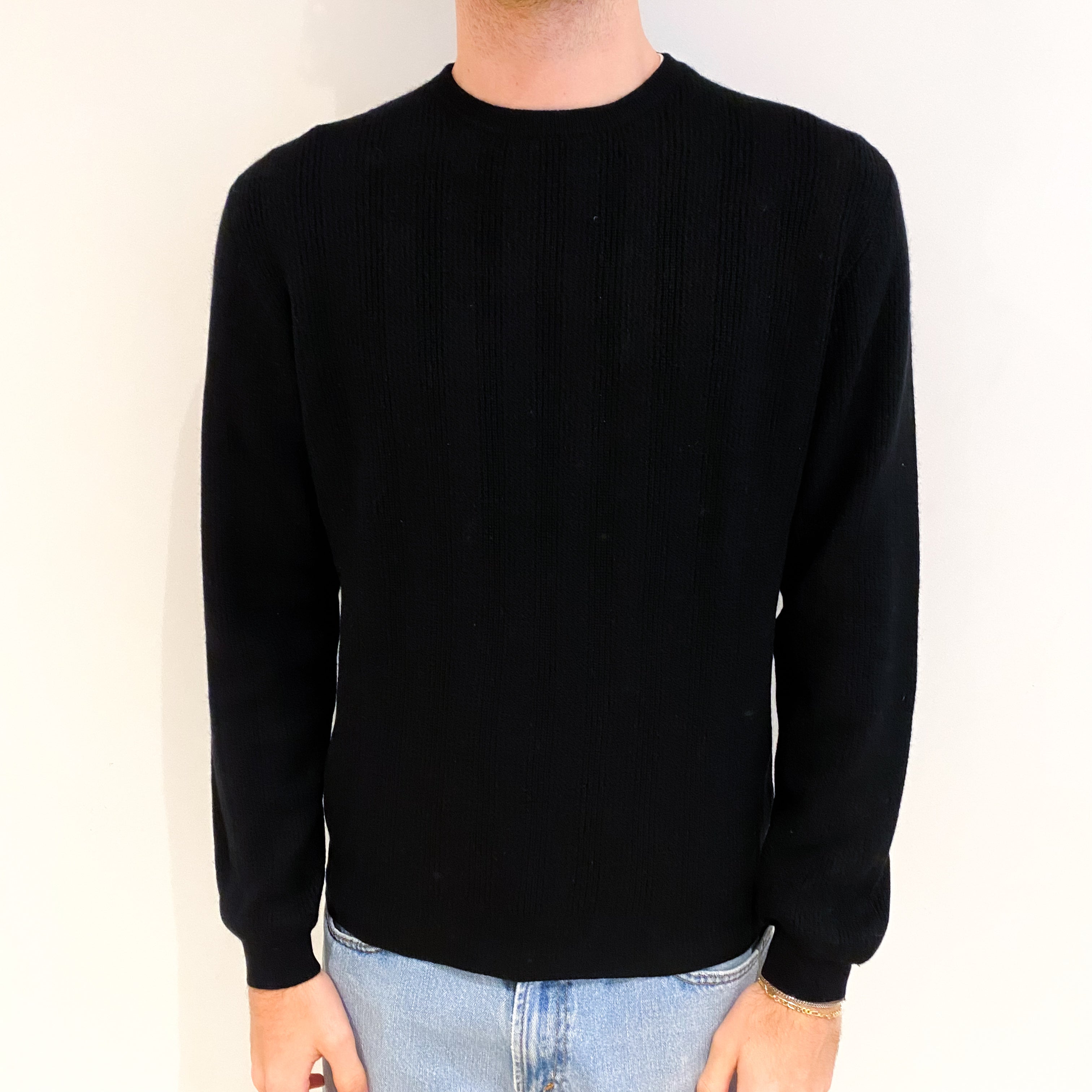 Men's Black Rib Cashmere Crew Neck Jumper Medium