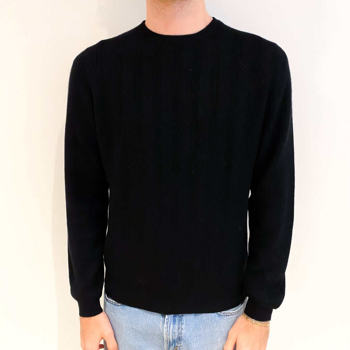 Men's Black Rib Cashmere Crew Neck Jumper Medium
