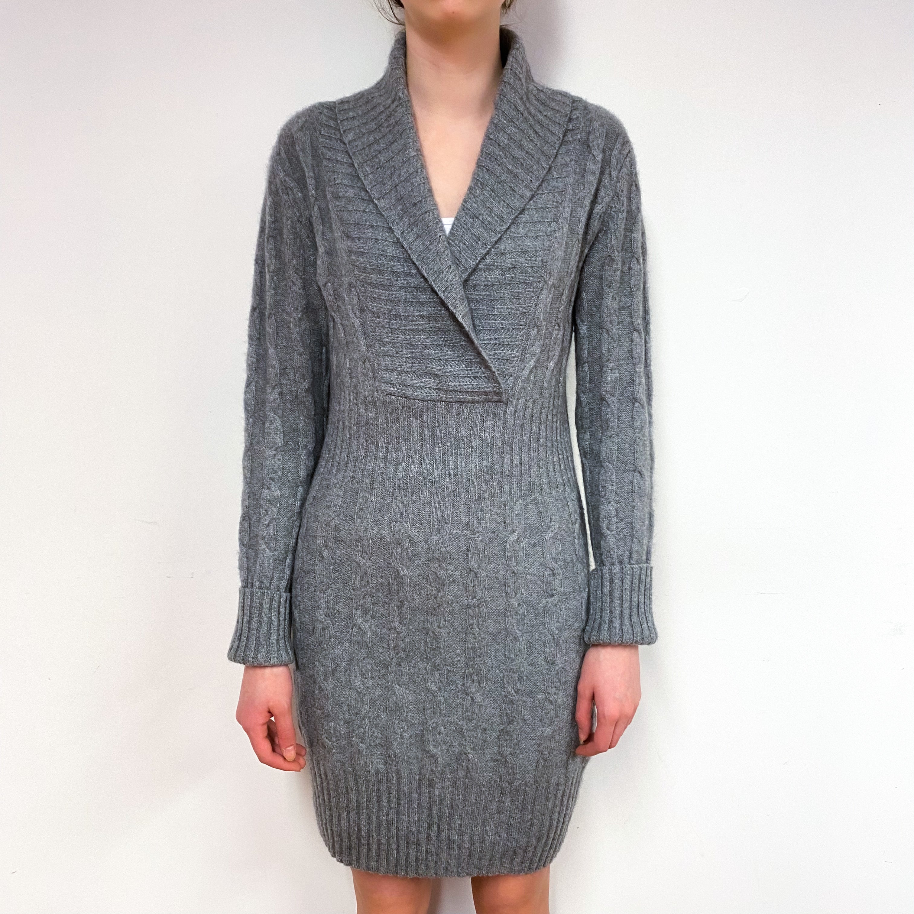 Slate Grey Cable Cashmere Shawl Collar Dress Extra Small