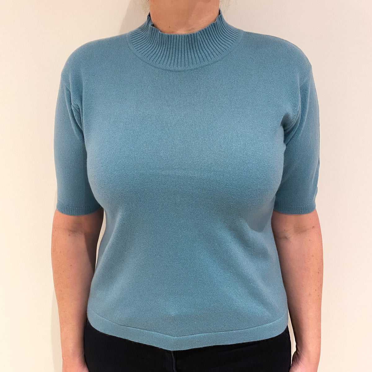 Sea Green Cashmere Short Sleeved Turtle Neck Jumper Large
